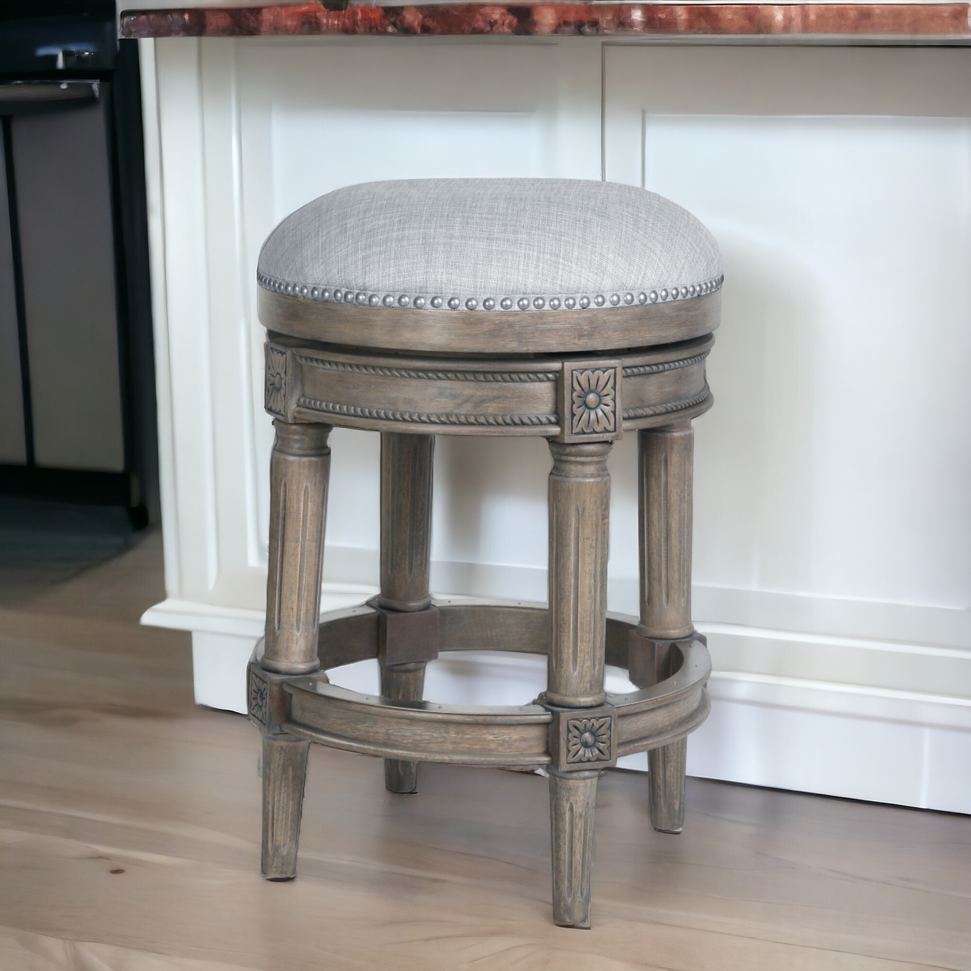26"" Gray Solid Wood Swivel Backless Counter Height Bar Chair
