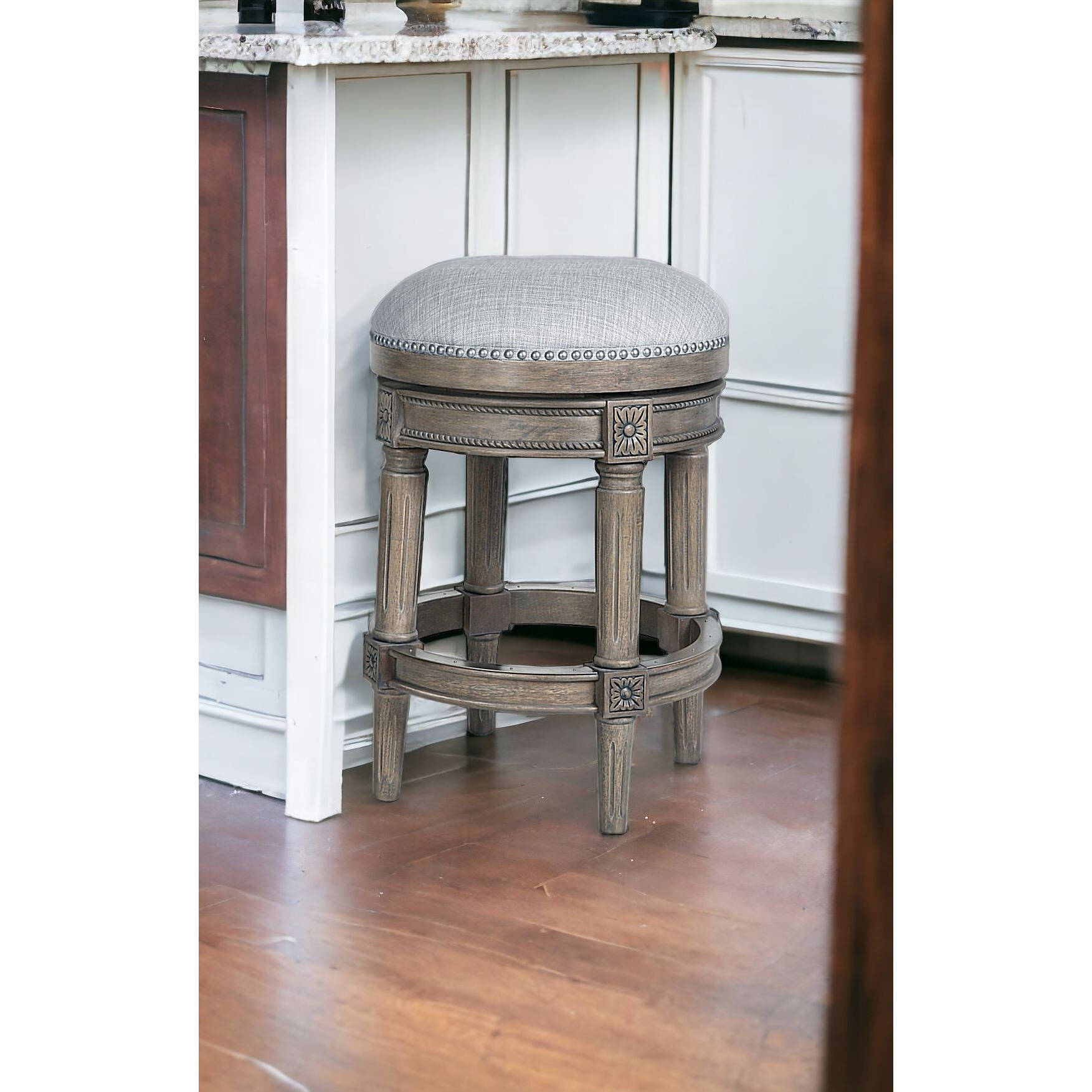 26"" Gray Solid Wood Swivel Backless Counter Height Bar Chair