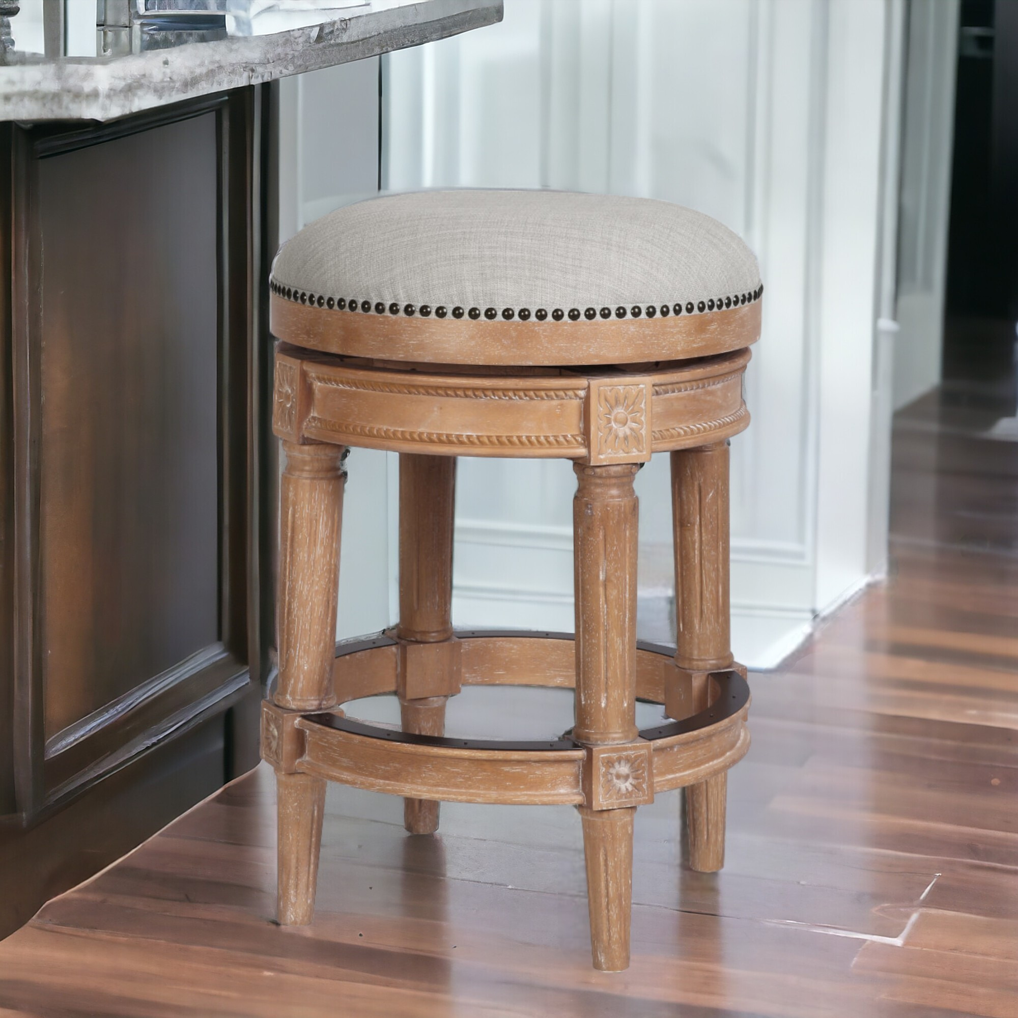 26"" Beige And Natural Solid Wood Swivel Backless Counter Height Bar Chair