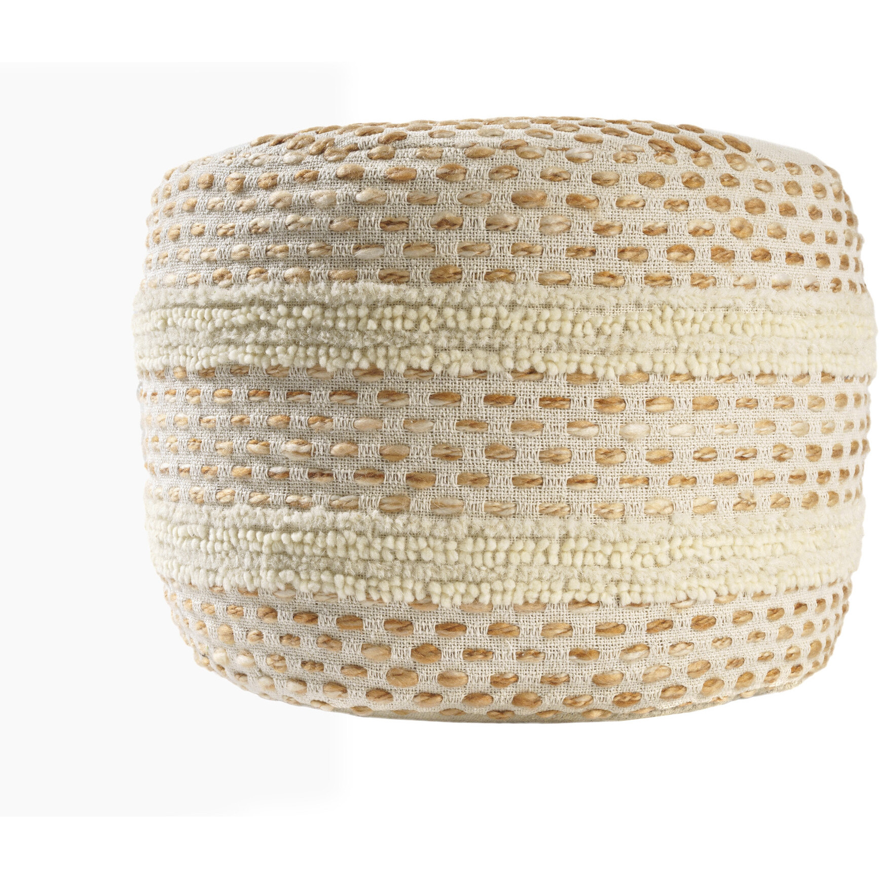18"" Ivory And Brown Cotton Blend Round Striped Pouf Ottoman
