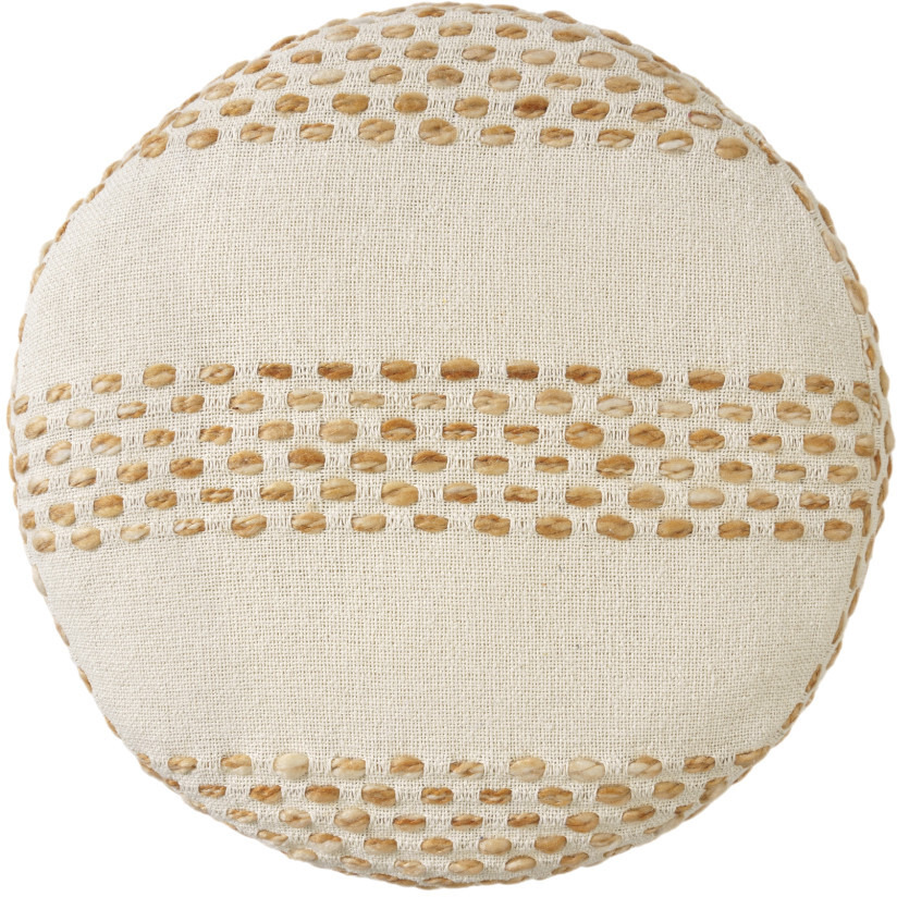 18"" Ivory And Brown Cotton Blend Round Striped Pouf Ottoman