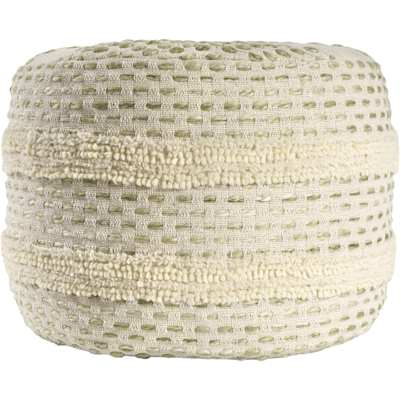 18"" Ivory And Green Cotton Blend Round Striped Pouf Ottoman