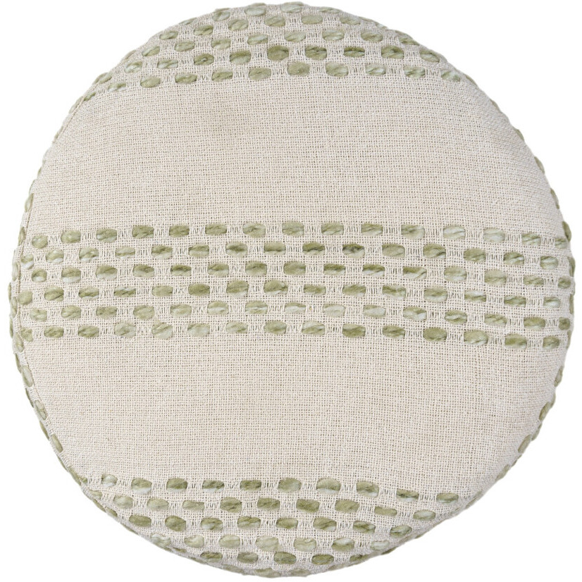 18"" Ivory And Green Cotton Blend Round Striped Pouf Ottoman