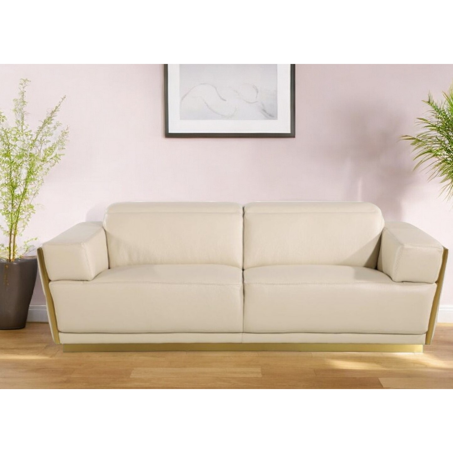89"" Beige And Gold Leather Sofa