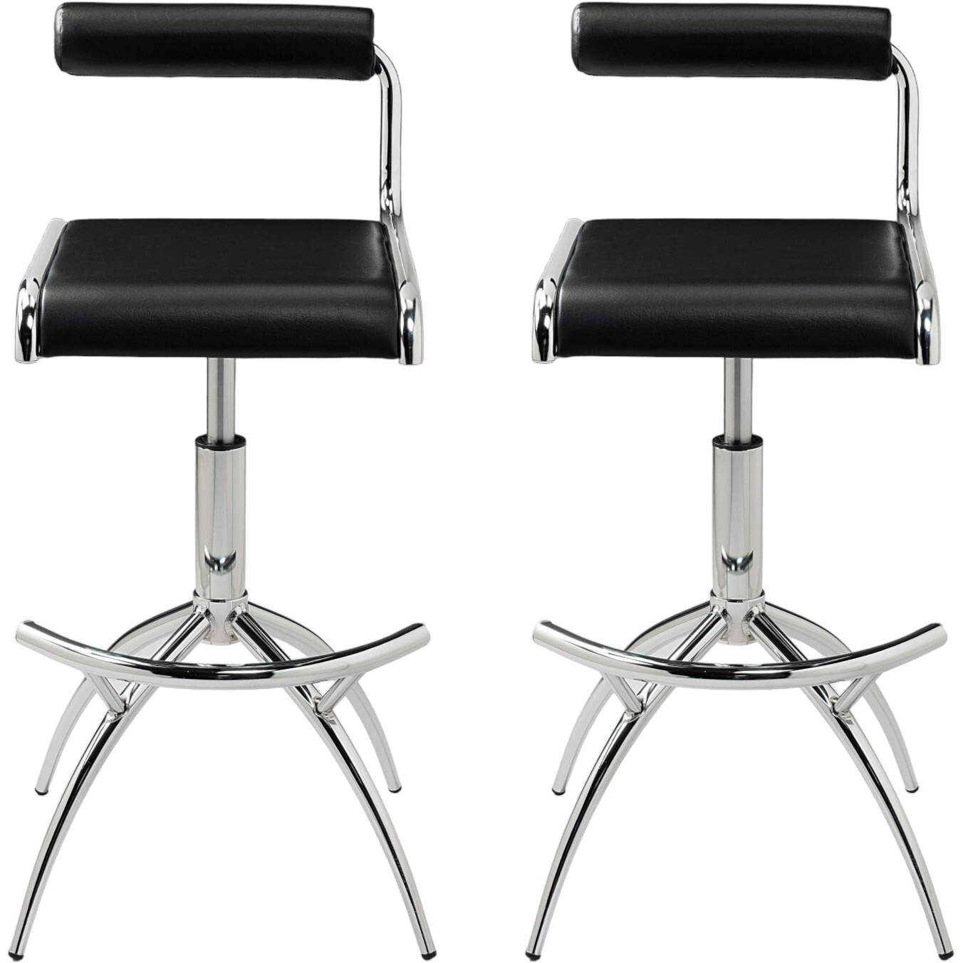 Set Of Two Black And Silver Faux Leather And Metal Low Back Adjustable Height Bar Chairs