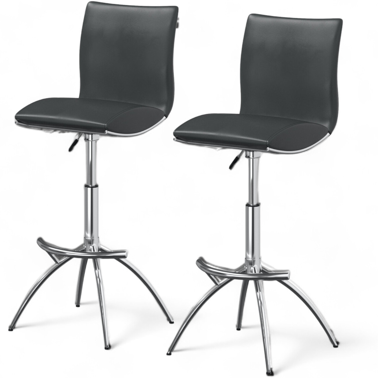 Set Of Two Gray And Silver Faux Leather And Metal Low Back Adjustable Height Bar Chairs