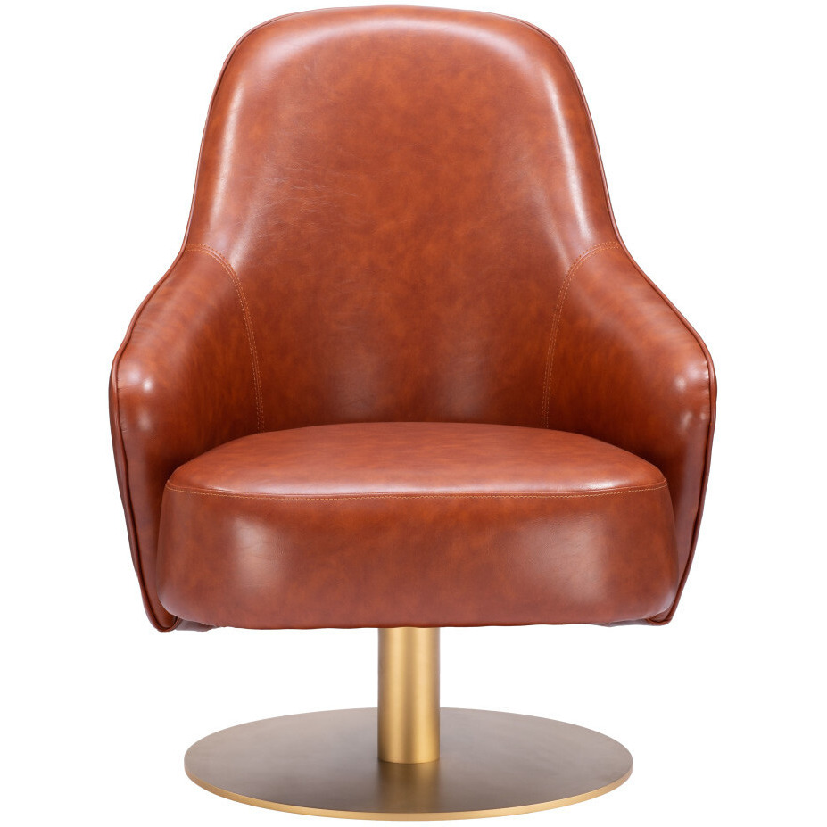 28"" Brown And Gold Faux Leather Swivel Arm Chair