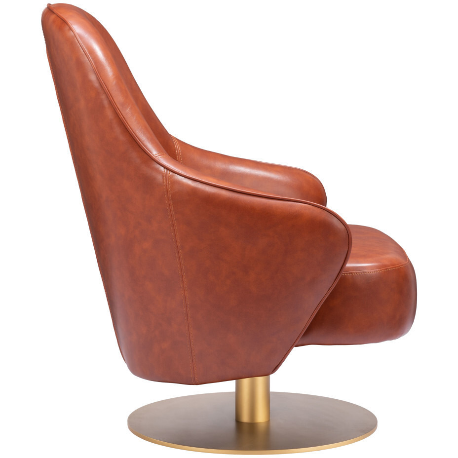 28"" Brown And Gold Faux Leather Swivel Arm Chair