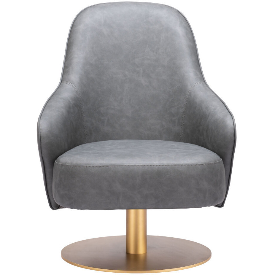 28"" Gray And Gold Faux Leather Swivel Arm Chair