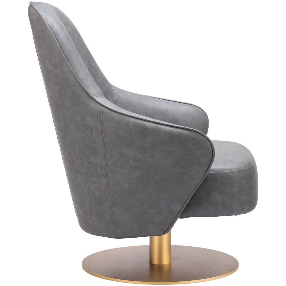 28"" Gray And Gold Faux Leather Swivel Arm Chair