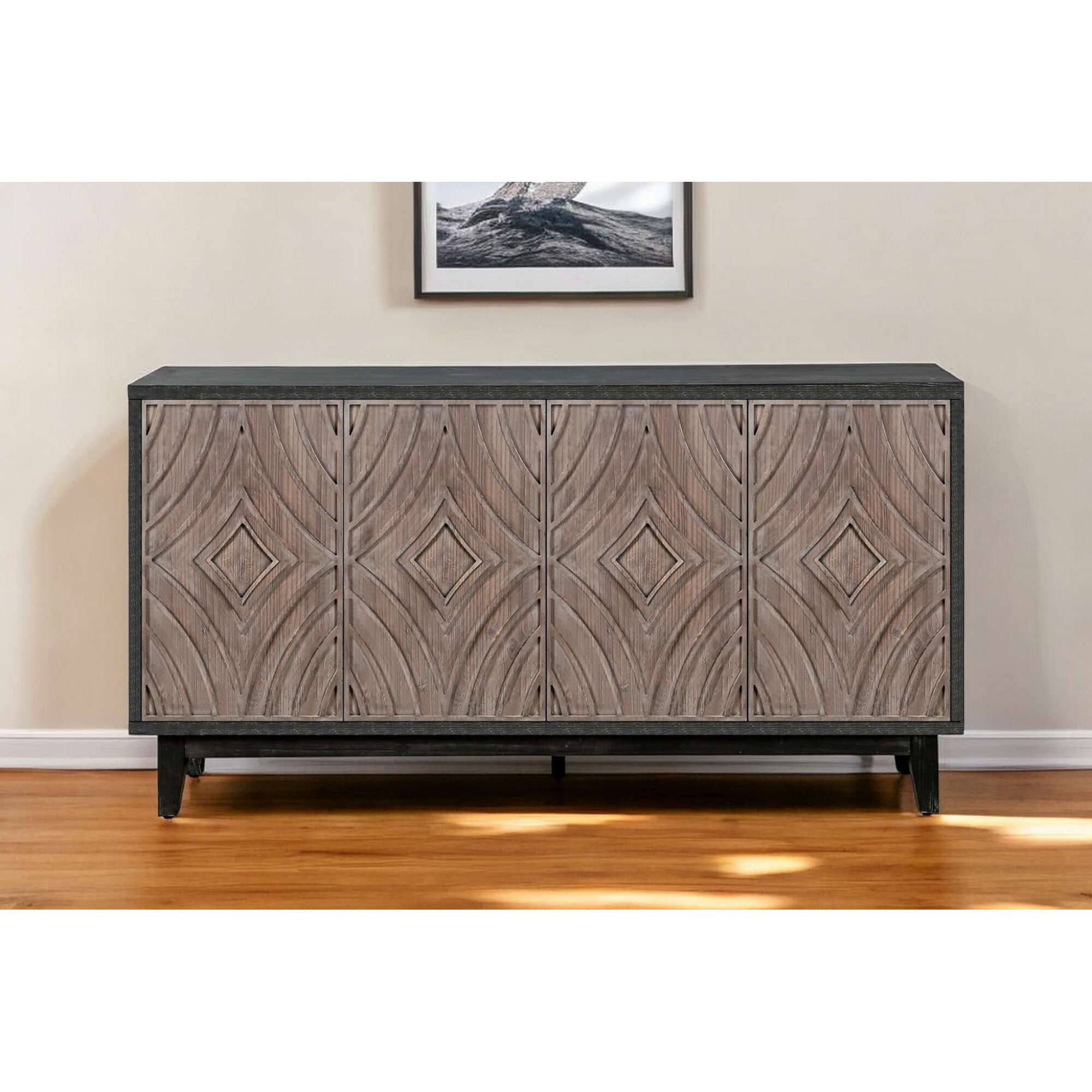 60"" Charcoal And Brown Distressed Wood Sideboard With Four Doors