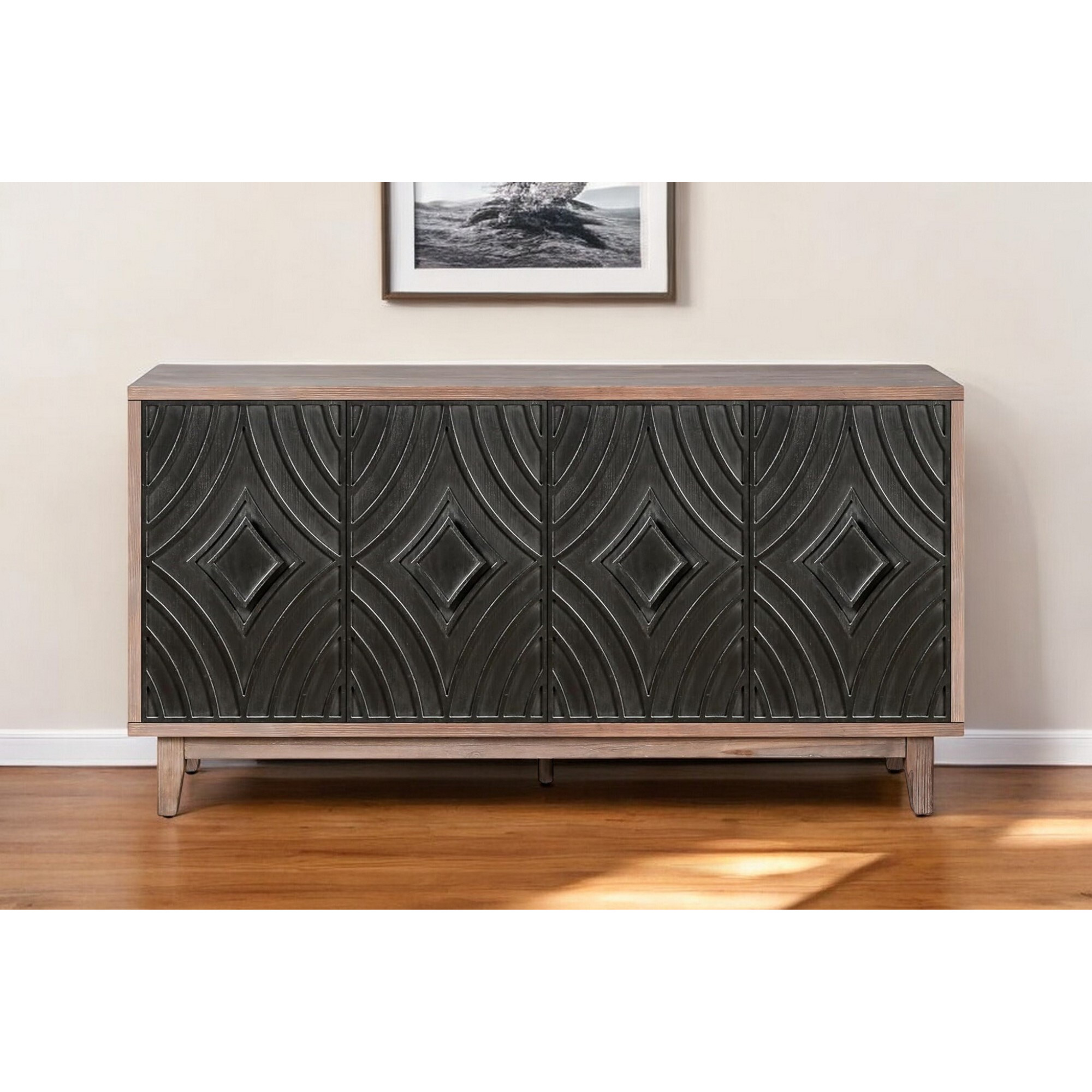 60"" Brown And Charcoal Distressed Wood Sideboard With Four Doors