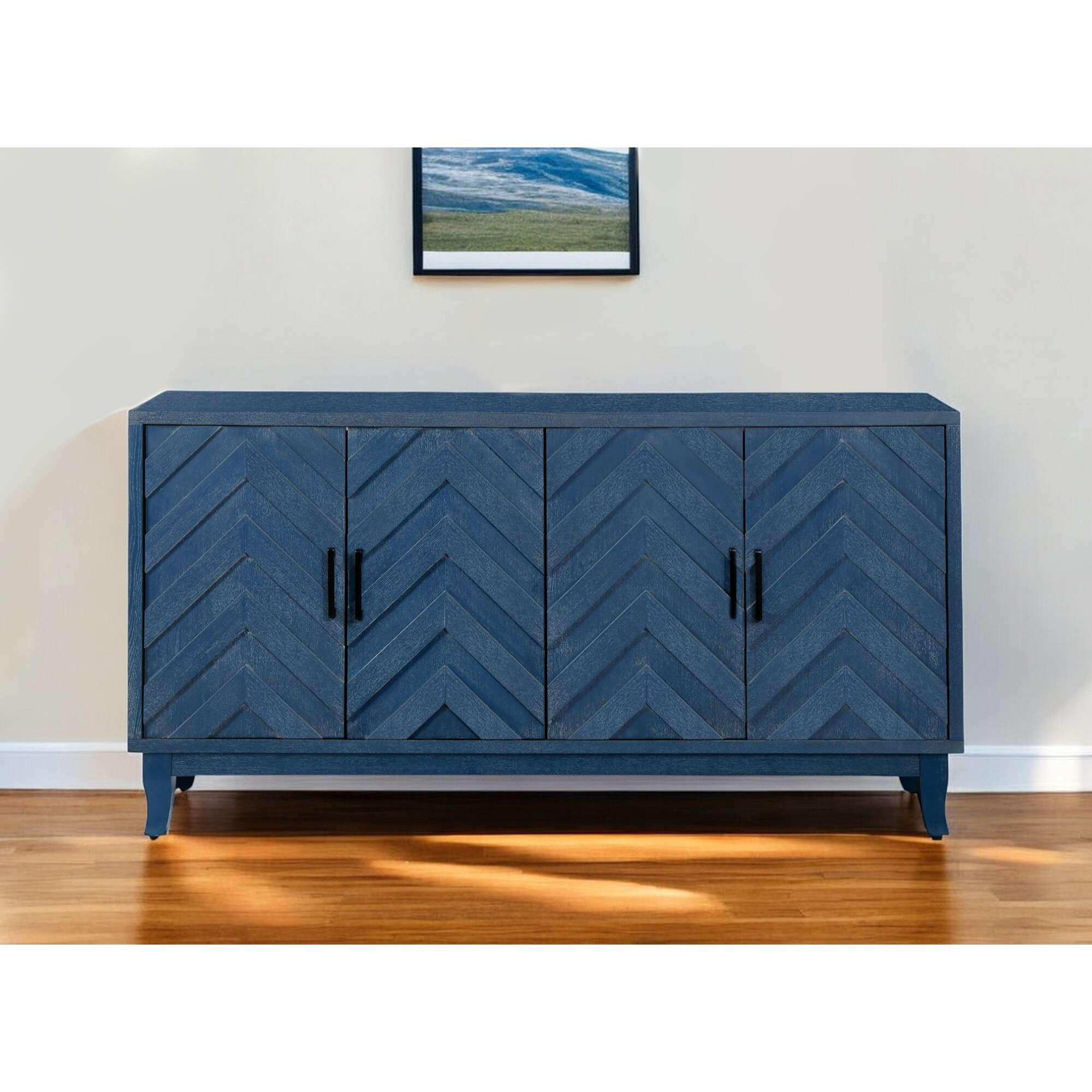 60"" Blue Textural Chevron Distressed Wood Sideboard With Four Doors