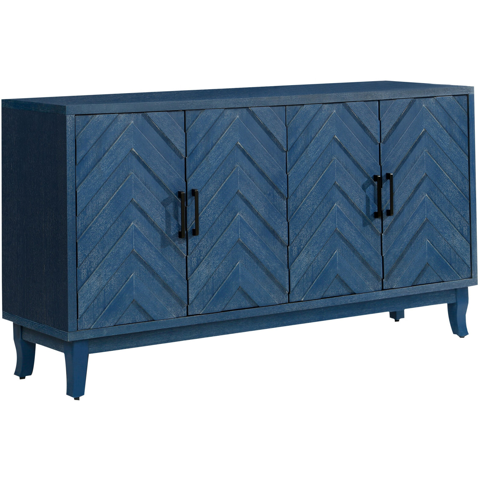 60"" Blue Textural Chevron Distressed Wood Sideboard With Four Doors
