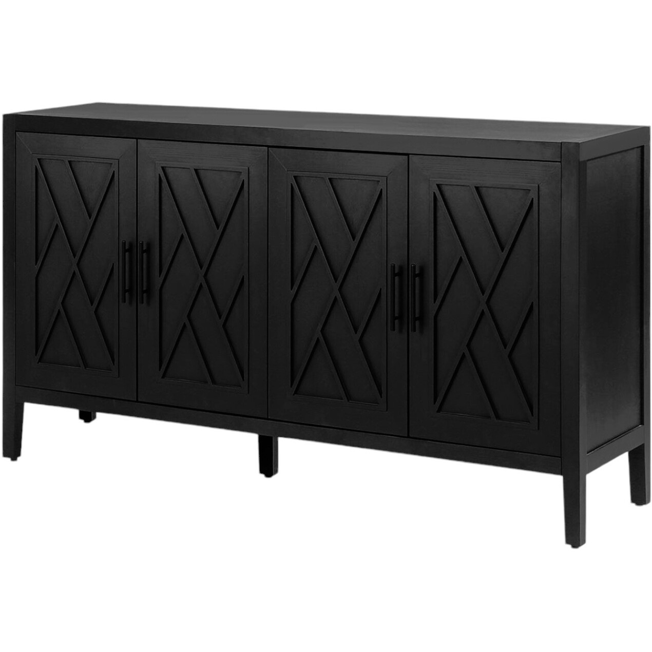 60"" Black Distressed Wood Carved Geometric Sideboard With Four Doors