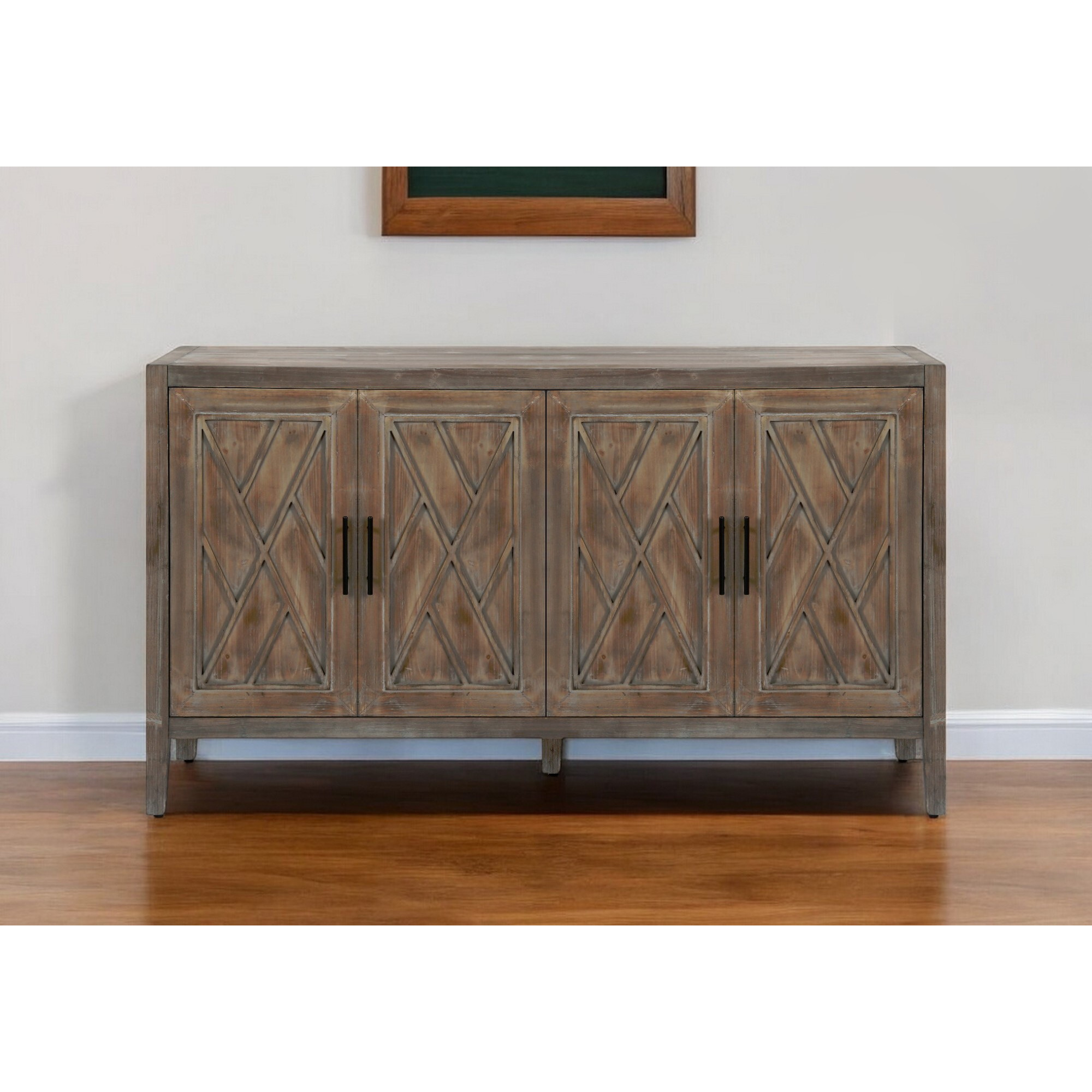 60"" Natural And Brown Distressed Wood Carved Geometric Sideboard With Four Doors