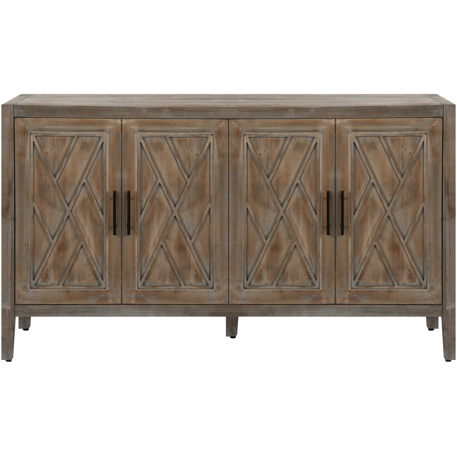 60"" Natural And Brown Distressed Wood Carved Geometric Sideboard With Four Doors