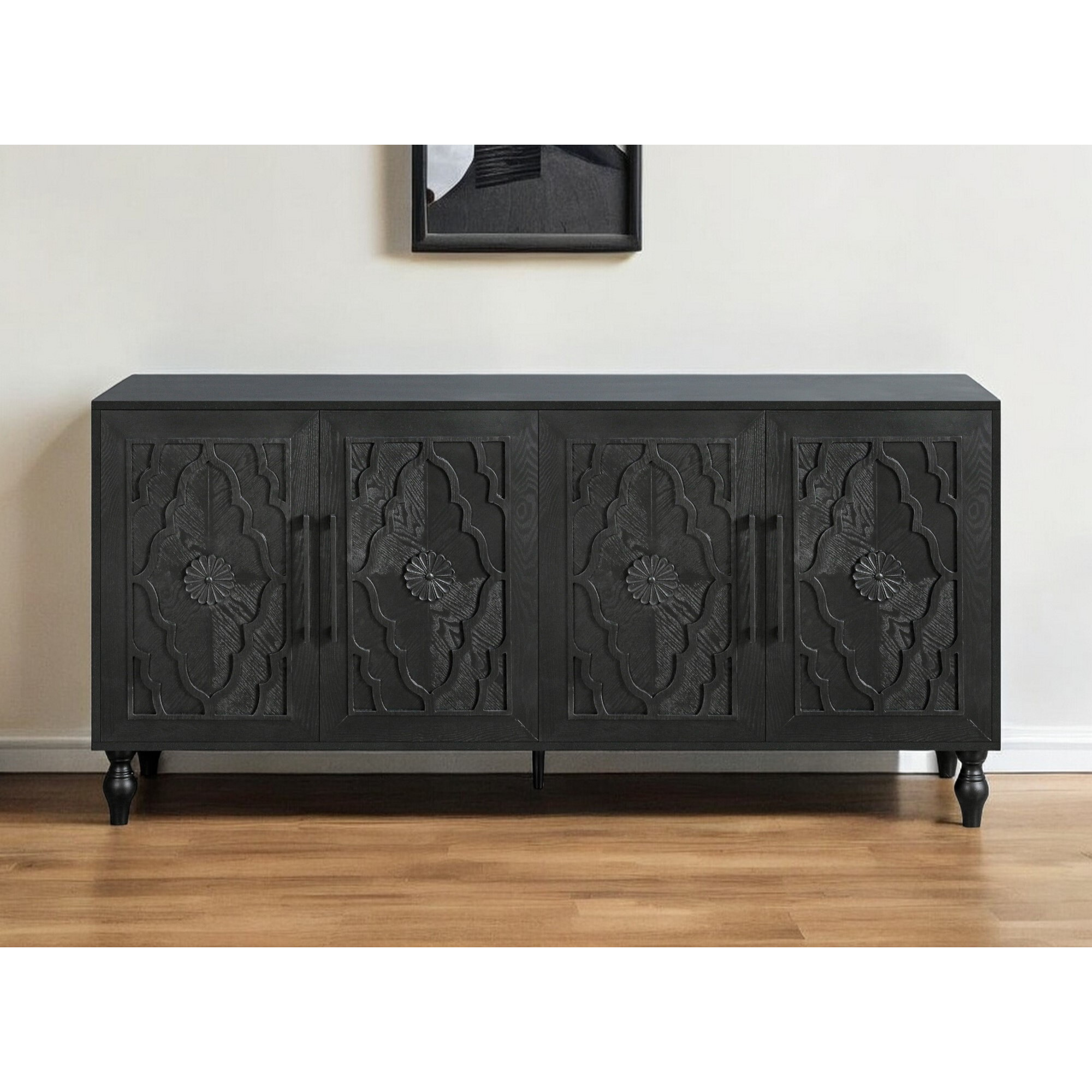 68"" Black Distressed Carved Floral Sideboard With Four Doors