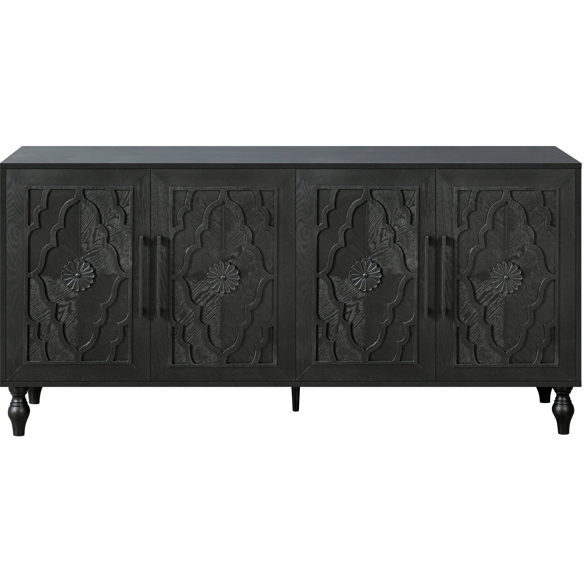 68"" Black Distressed Carved Floral Sideboard With Four Doors