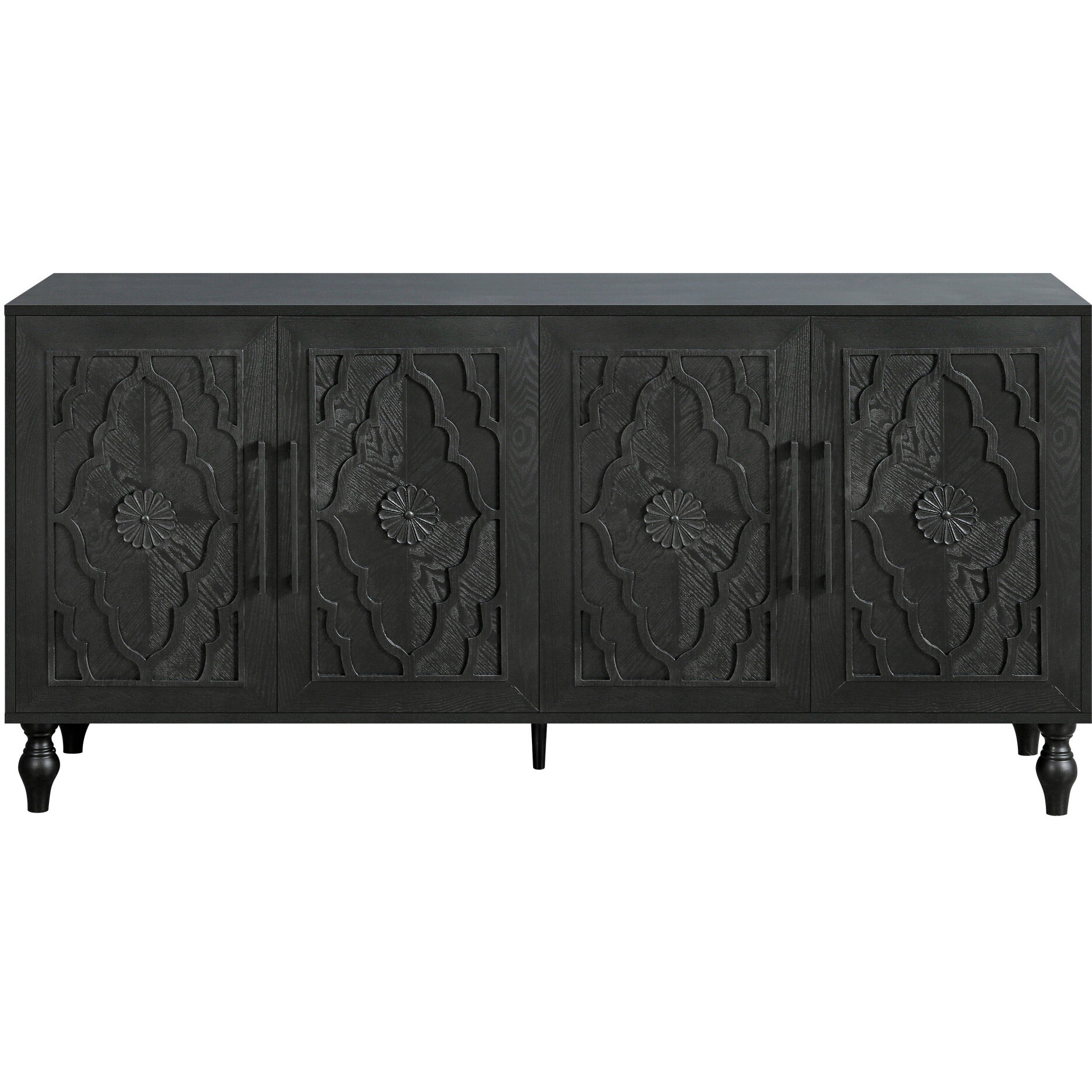 68"" Black Distressed Carved Floral Sideboard With Four Doors