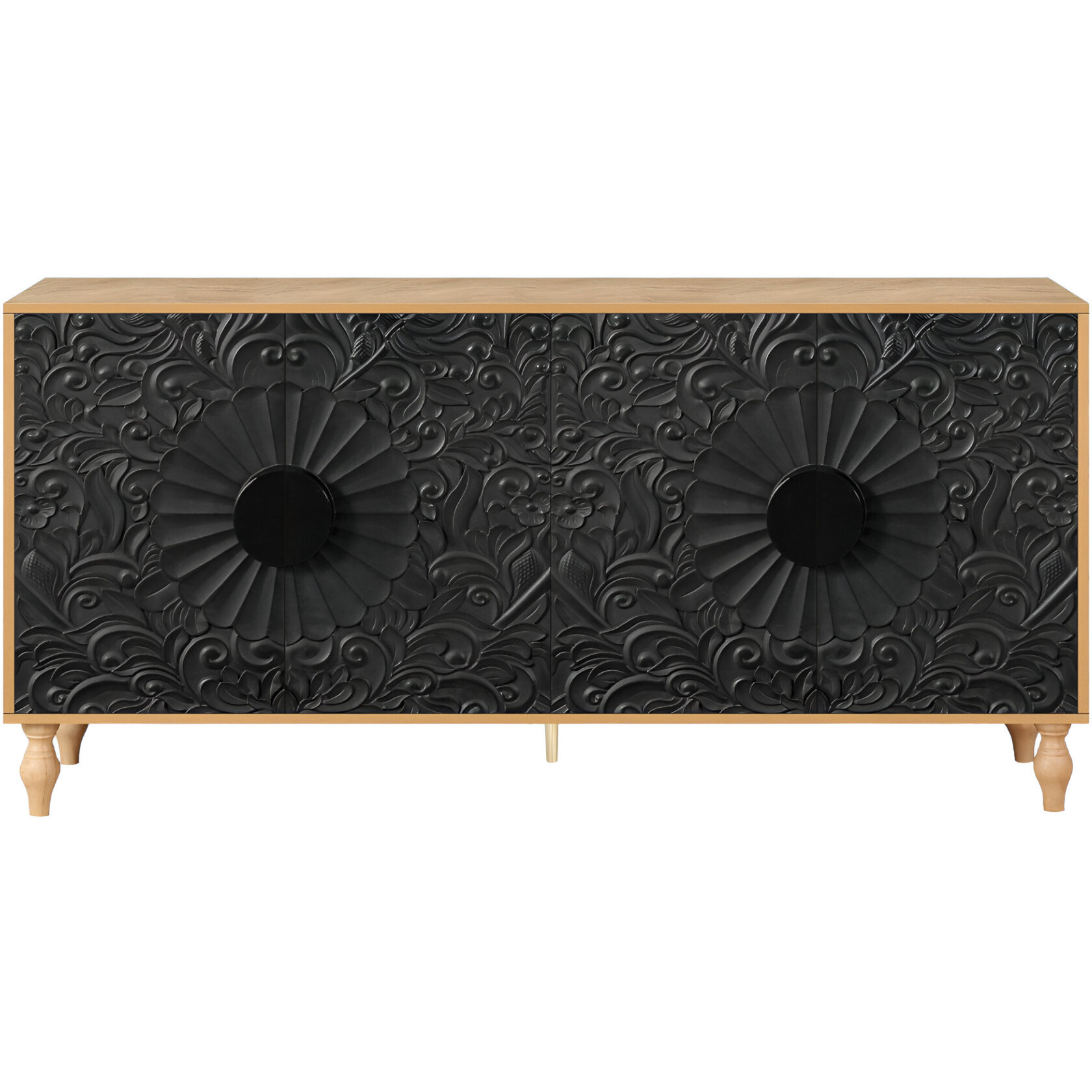 68"" Natural And Black Distressed Carved Floral Sideboard With Four Doors