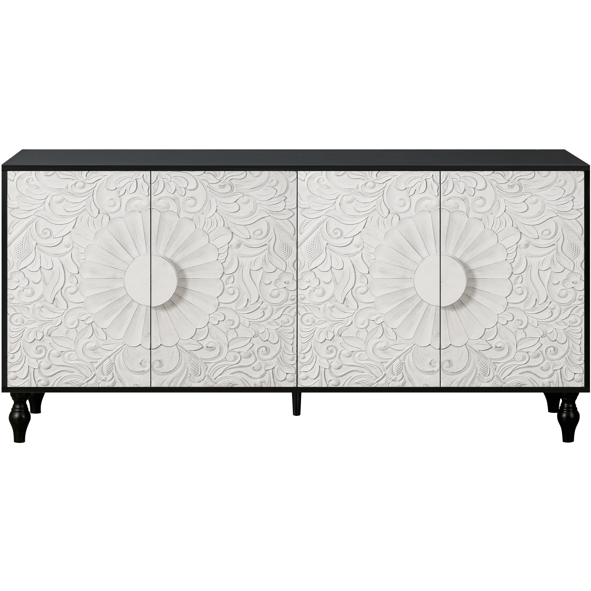68"" Black And White Distressed Carved Floral Sideboard With Four Doors