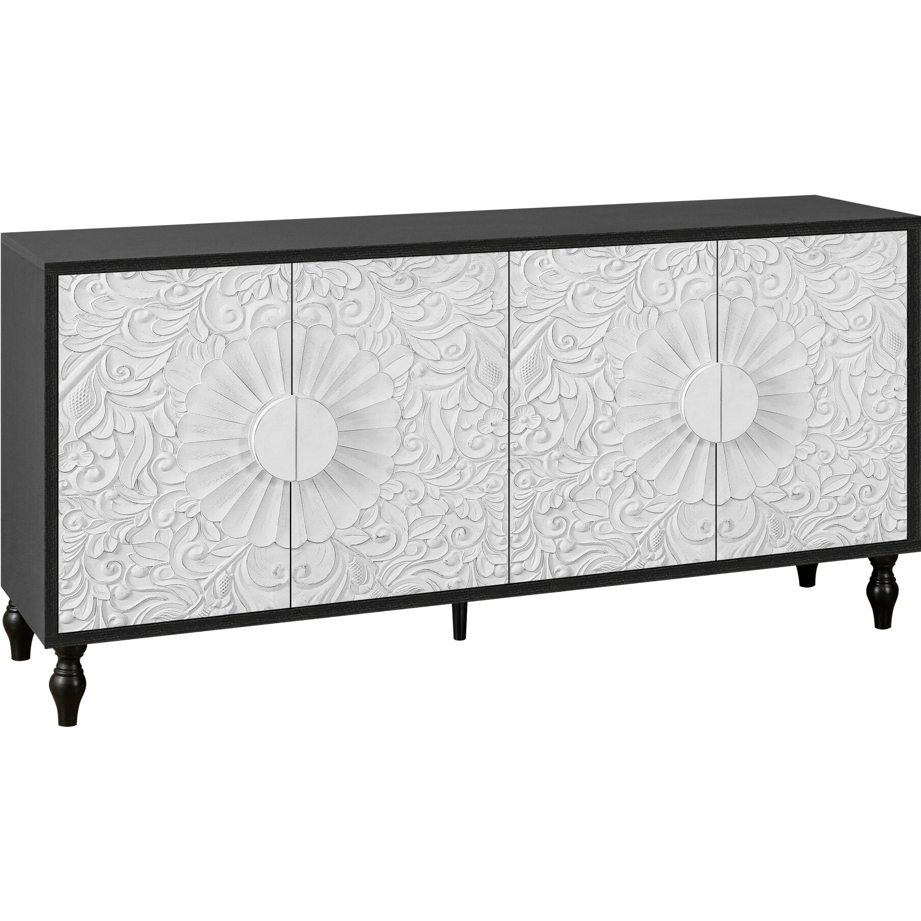 68"" Black And White Distressed Carved Floral Sideboard With Four Doors
