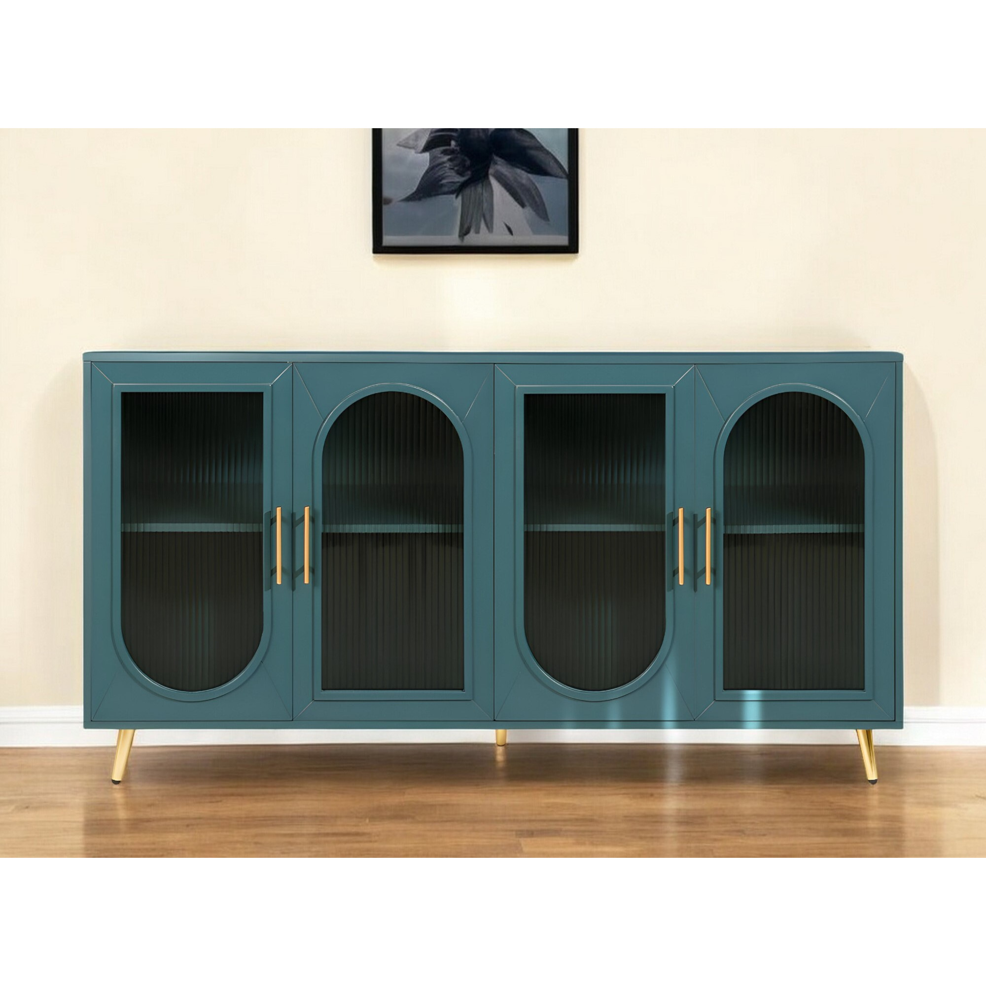 60"" Teal Blue Ribbed Texture Sideboard With Four Doors