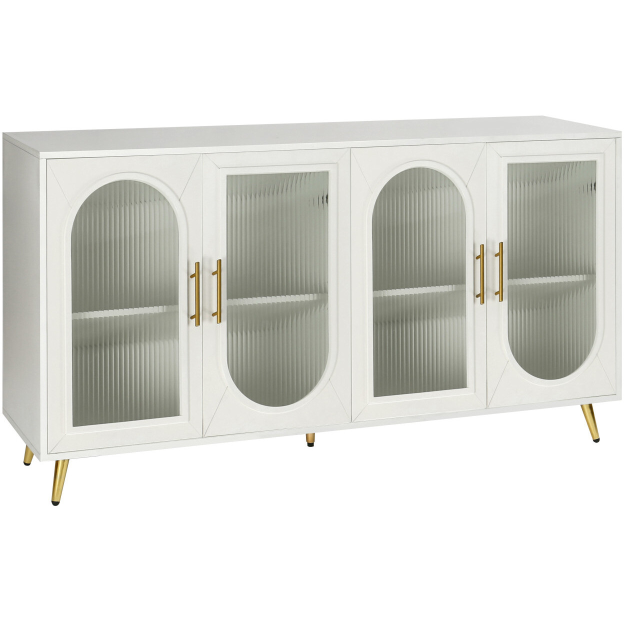 60"" White Ribbed Texture Wood And Glass Sideboard With Four Doors