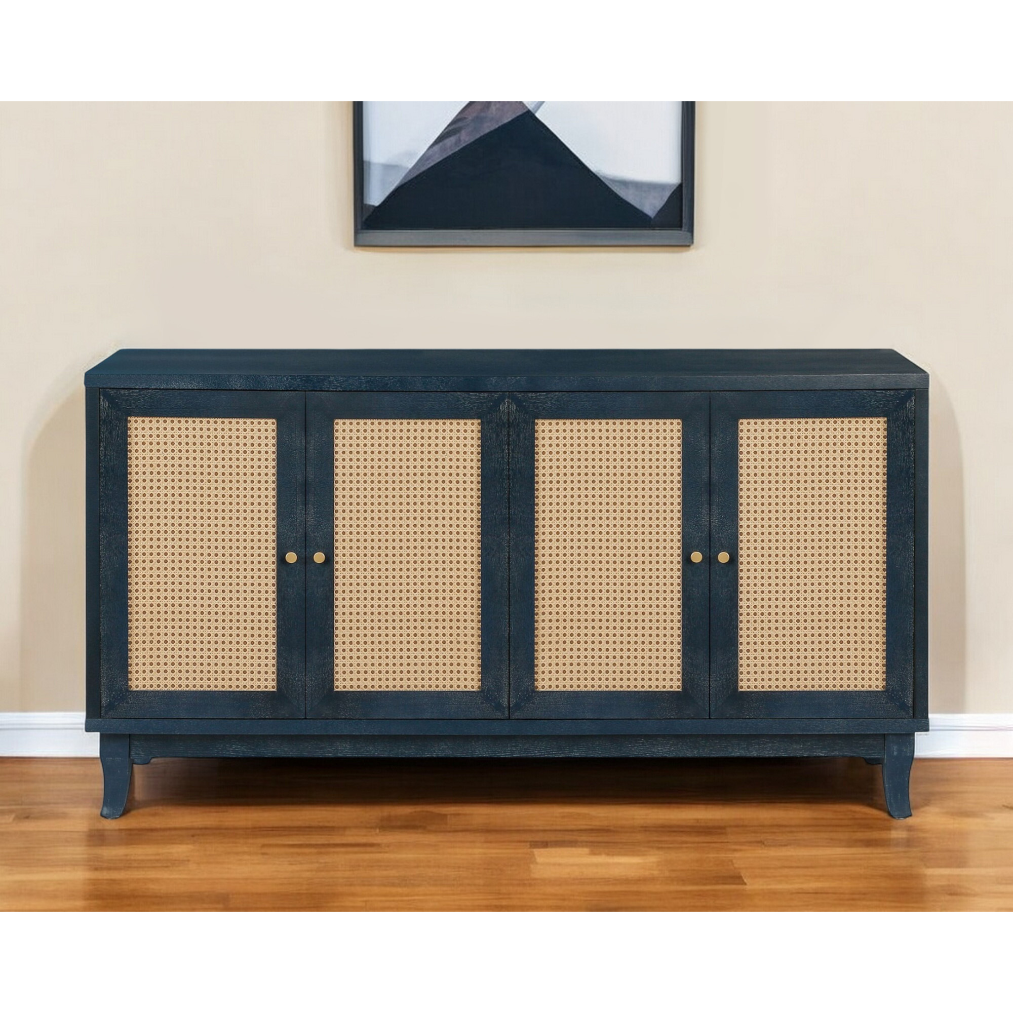 60"" Blue Wood And Rattan Distressed Sideboard With Four Doors