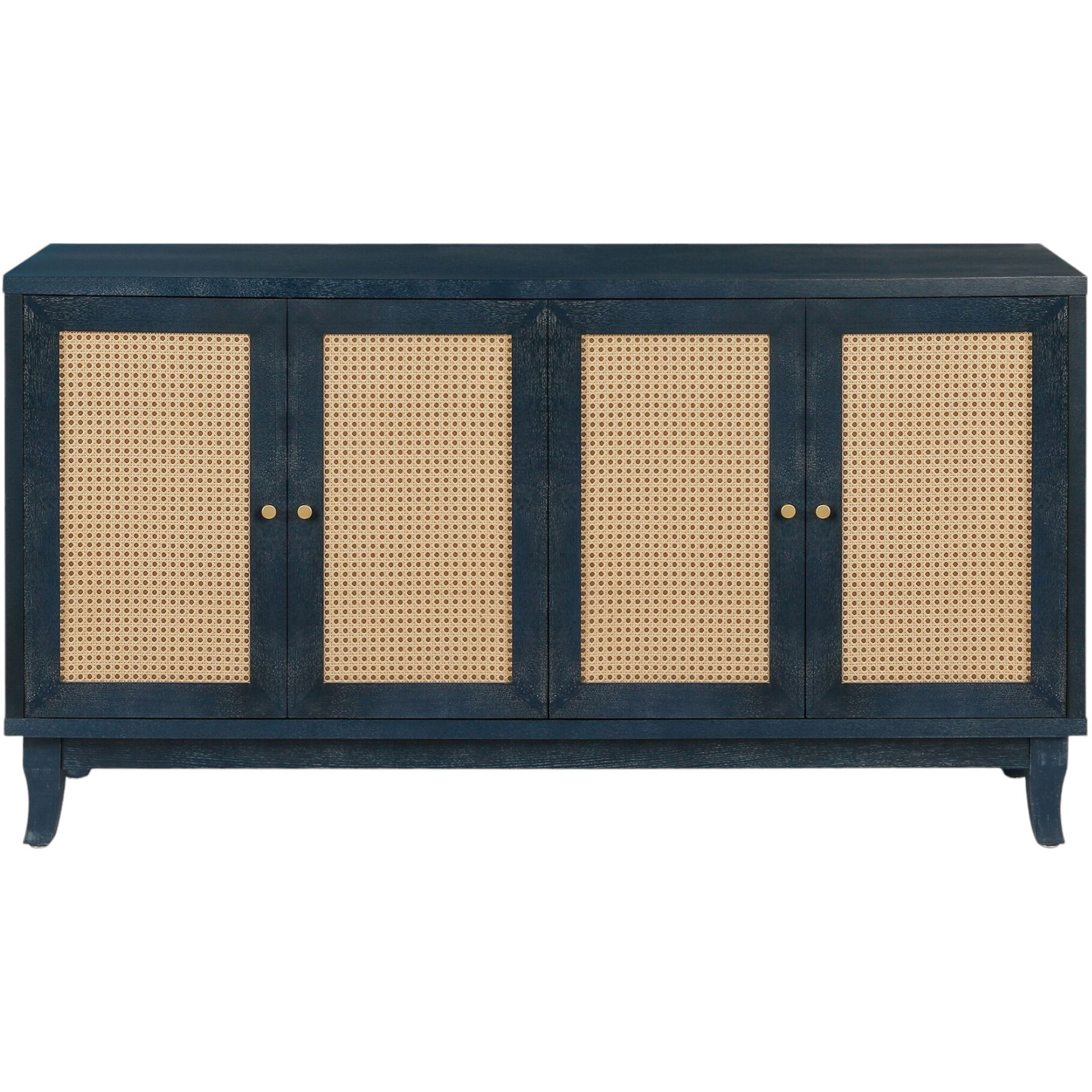 60"" Blue Wood And Rattan Distressed Sideboard With Four Doors