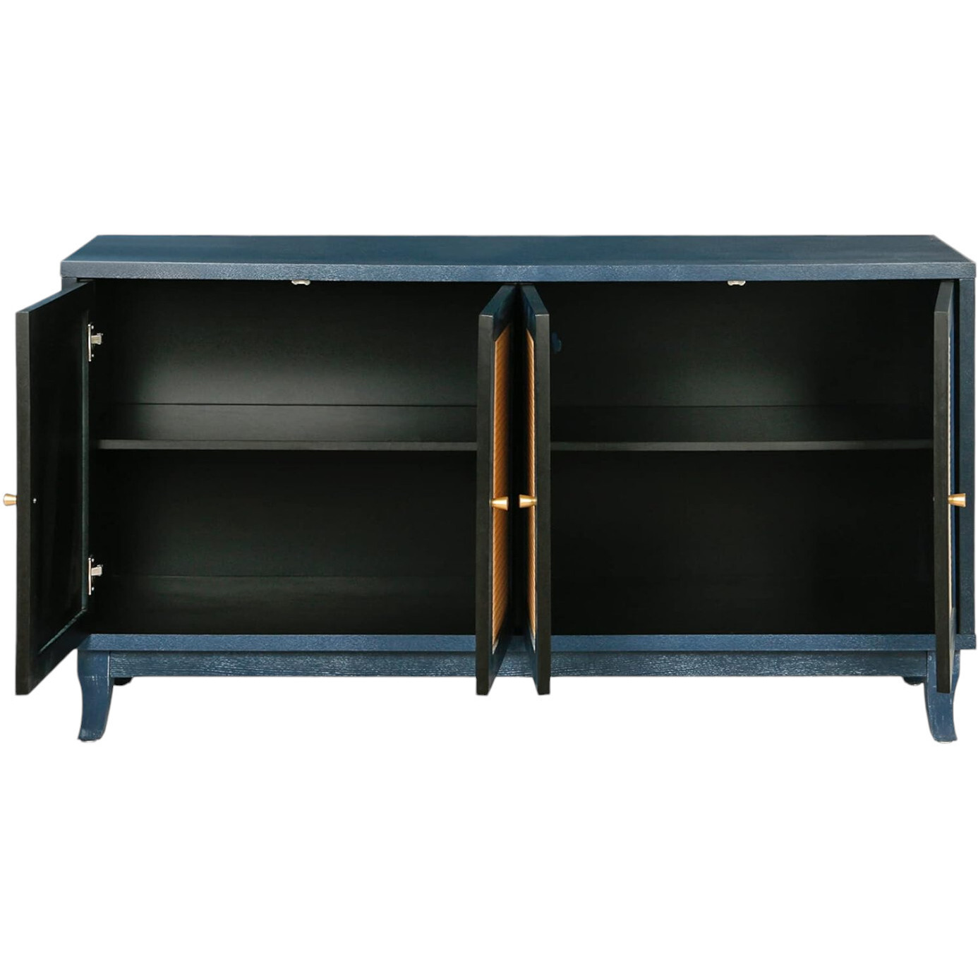 60"" Blue Wood And Rattan Distressed Sideboard With Four Doors