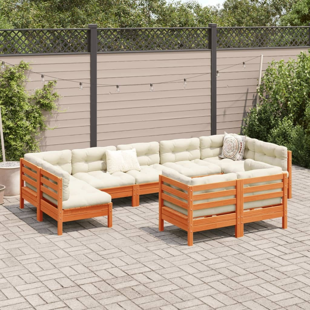 Vidaxl 9 Piece Patio Sofa Set With Cushions Wax Brown Solid Wood Pine