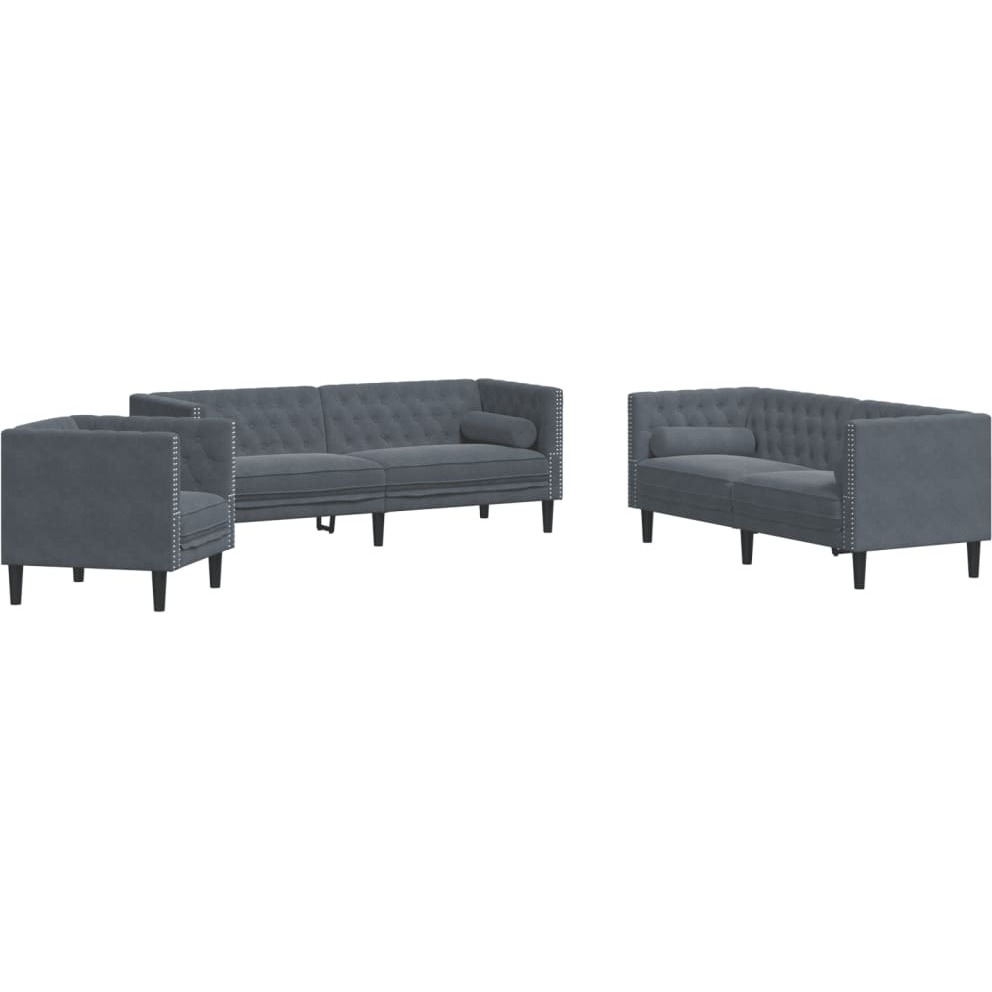 Vidaxl 3 Piece Chesterfield Sofa Set With Bolsters Dark Gray Velvet