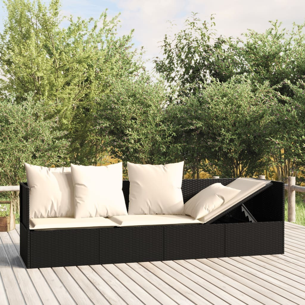 Vidaxl Patio Lounge Bed With Cushions Black Poly Rattan