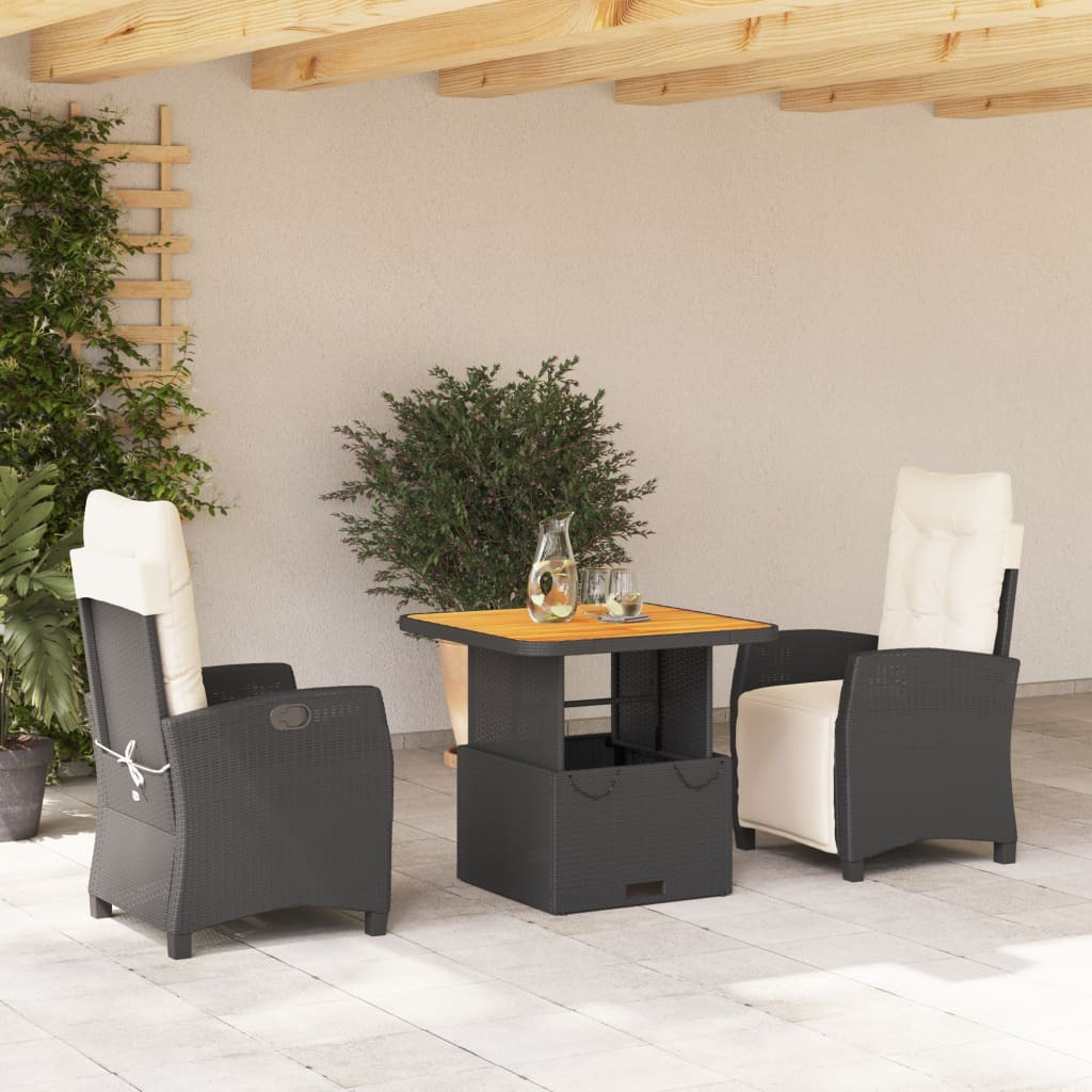 Vidaxl 3 Piece Patio Dining Set With Cushions Black Poly Rattan