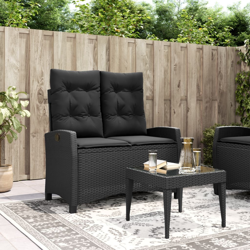Vidaxl Reclining Patio Bench With Cushions Black Poly Rattan