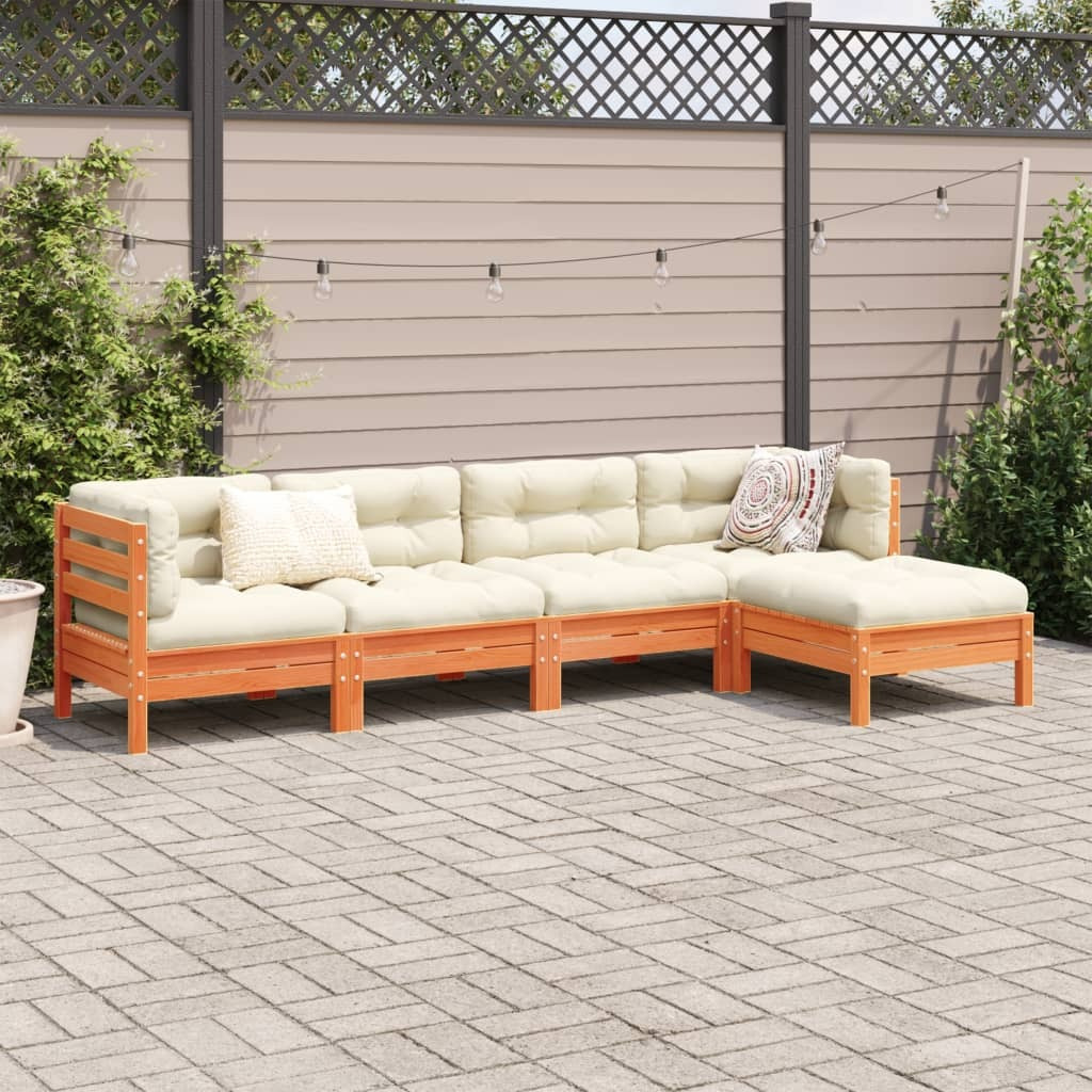 Vidaxl 5 Piece Patio Sofa Set With Cushions Wax Brown Solid Wood Pine