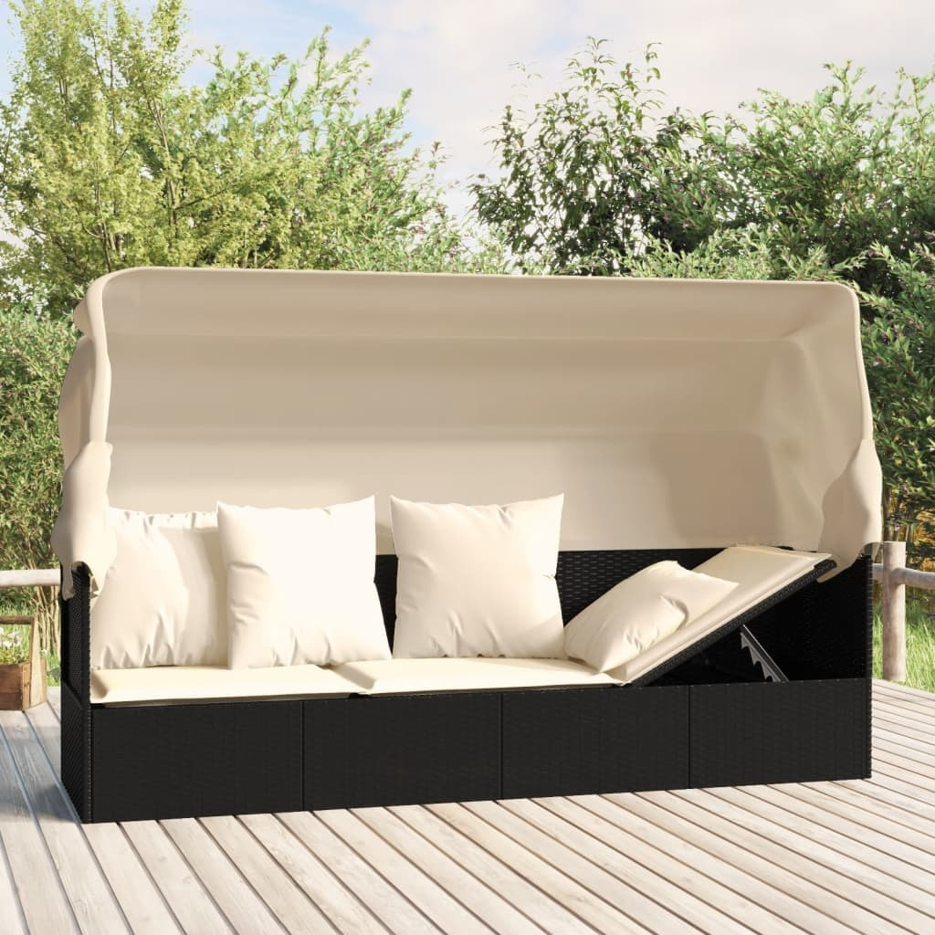 Vidaxl Patio Lounge Bed With Roof And Cushions Black Poly Rattan