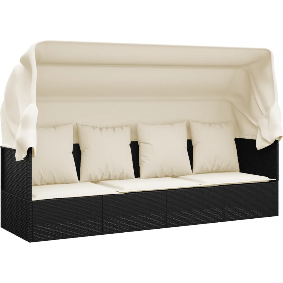 Vidaxl Patio Lounge Bed With Roof And Cushions Black Poly Rattan