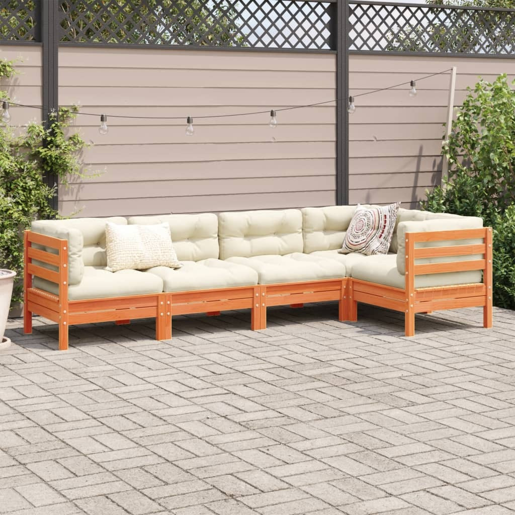 Vidaxl 5 Piece Patio Sofa Set With Cushions Wax Brown Solid Wood Pine