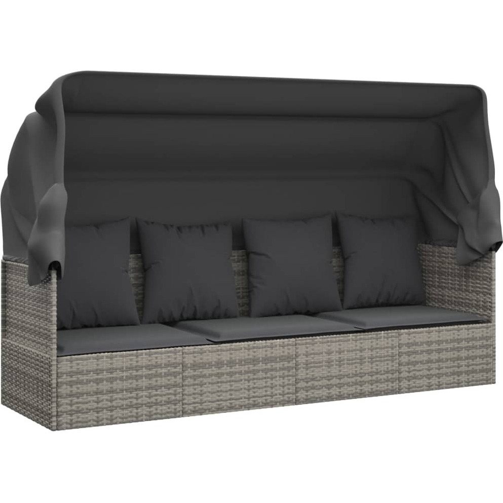 Vidaxl Patio Lounge Bed With Roof And Cushions Gray Poly Rattan
