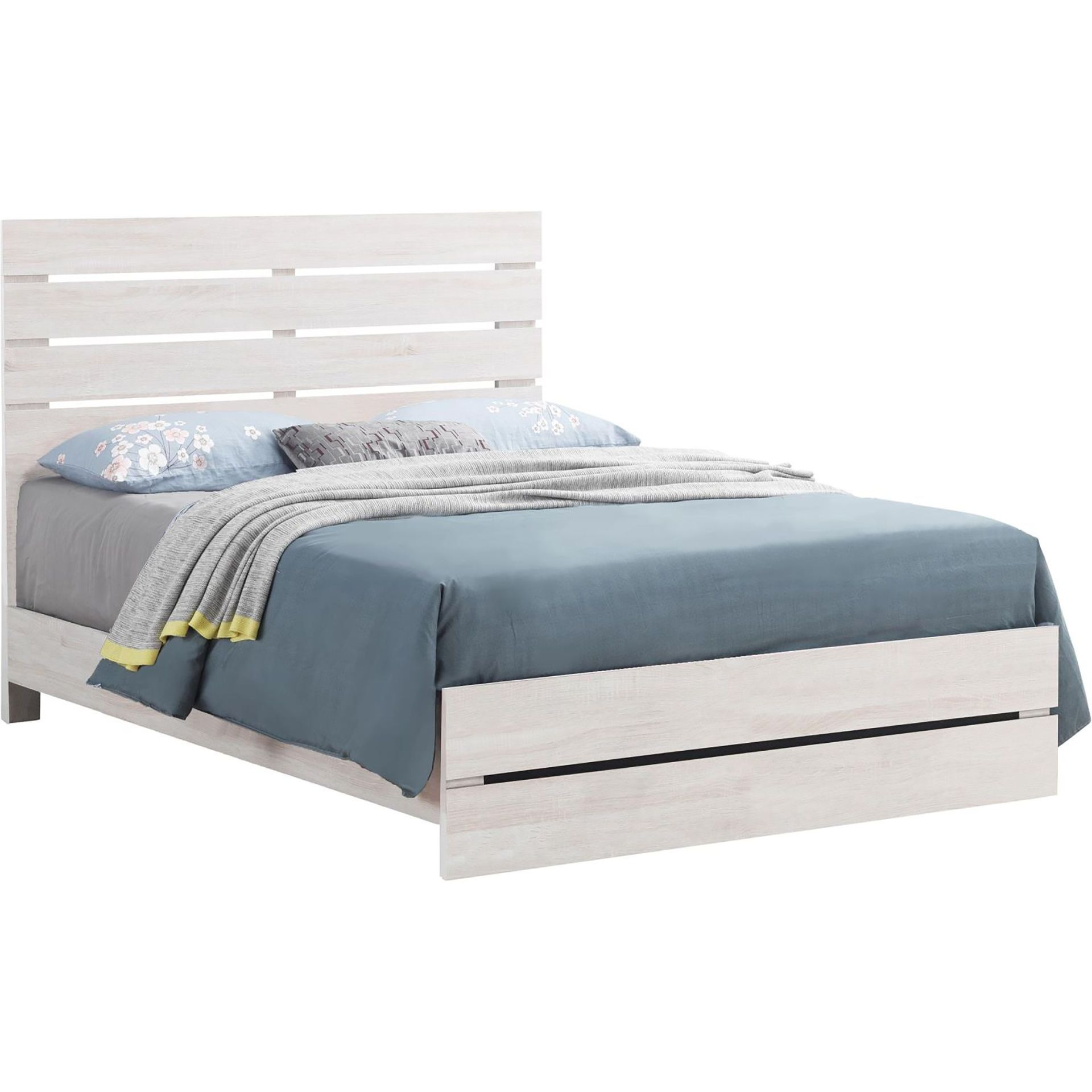 Coastal White Slatted Headboard Queen Panel Bed