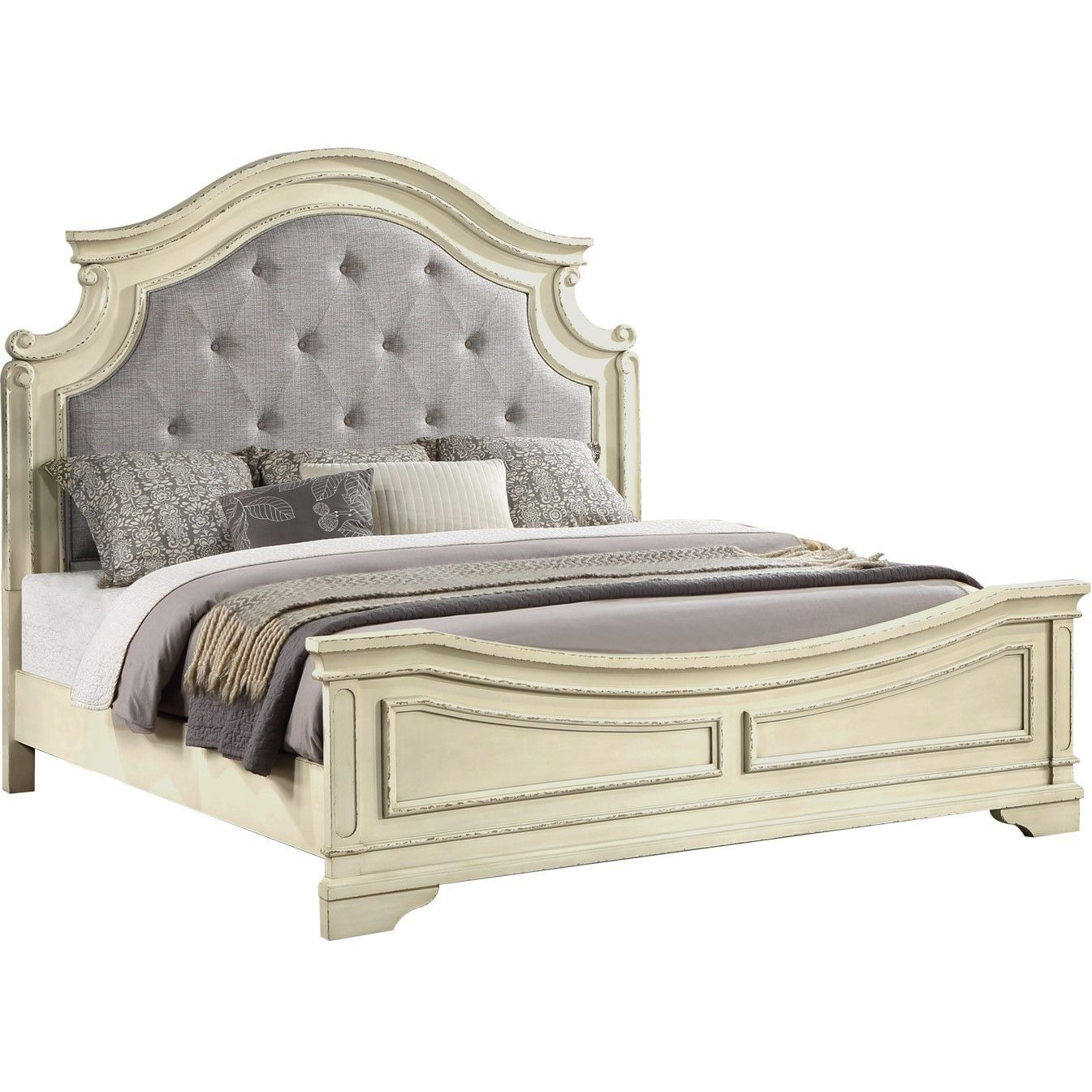Traditional Style King Bed With Button Tufted Upholstery Headboard Made With Wood In Antique Beige