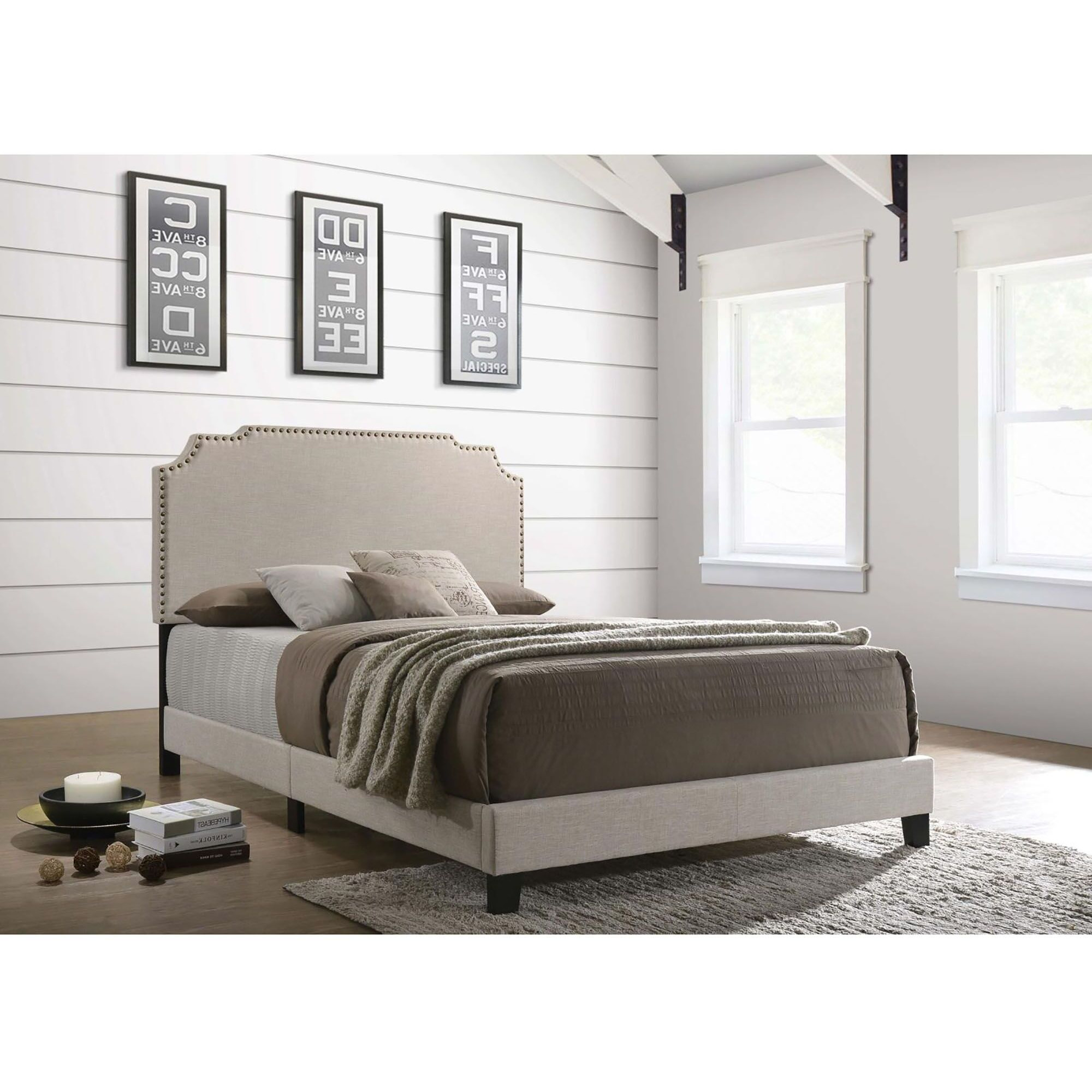 Beige Queen Panel Bed With Nailhead Trim