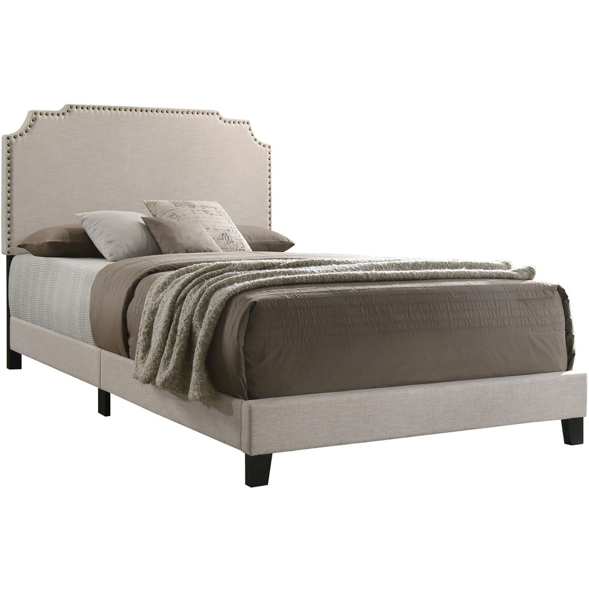 Beige Queen Panel Bed With Nailhead Trim