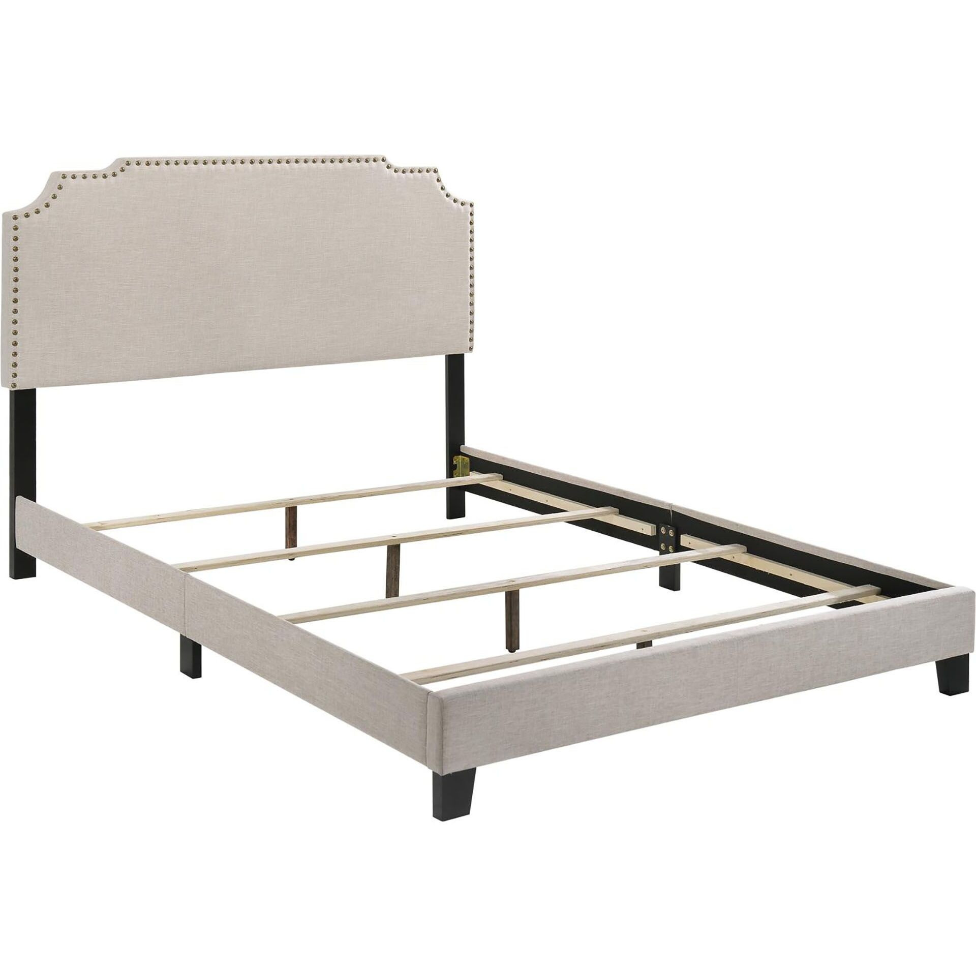 Beige Queen Panel Bed With Nailhead Trim