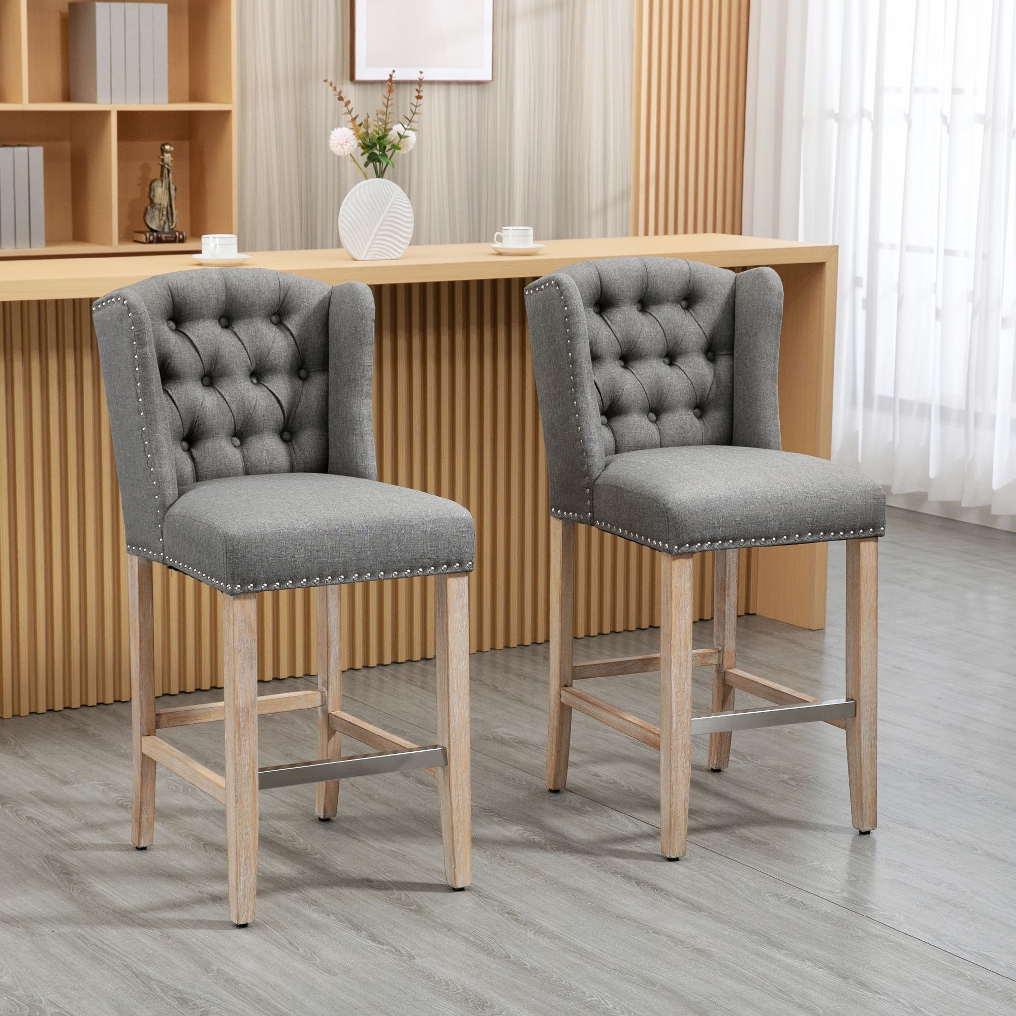 Homcom Counter Height Bar Stools Set Of 2 With Wood Legs  Light Grey