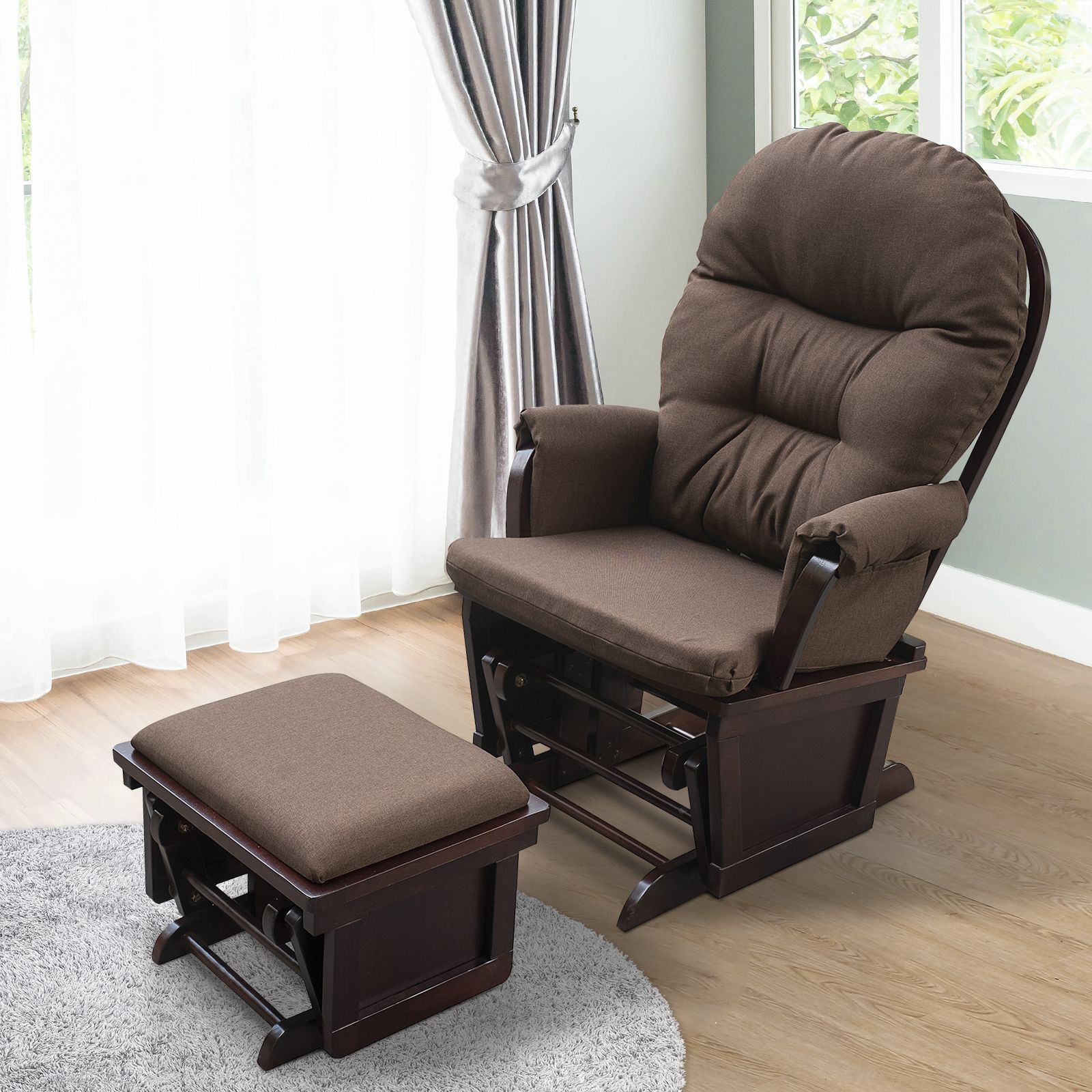 Homcom Nursery Glider Rocking Chair With Ottoman  Thick Padded Cushion Seating And Wood Base  Brown