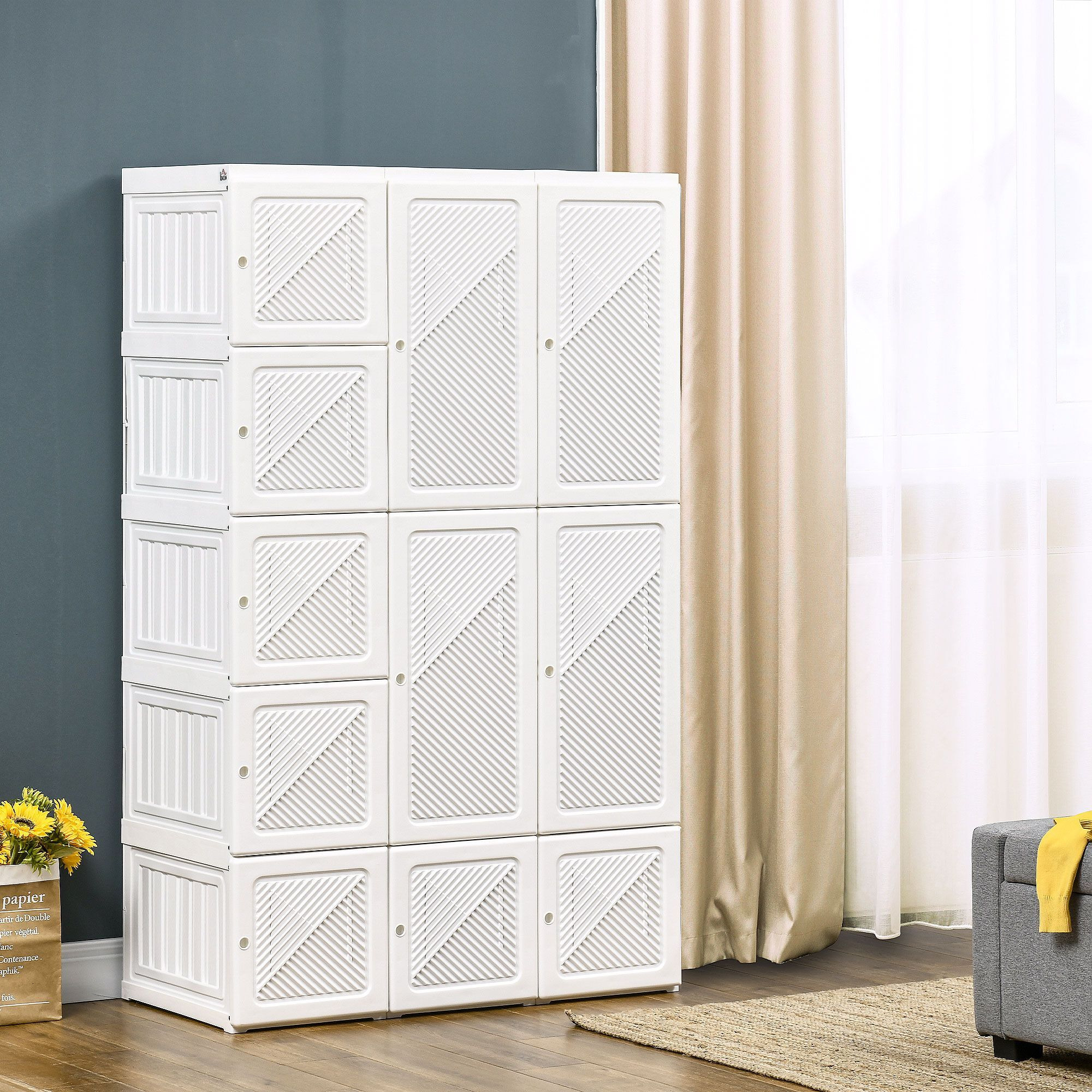 Homcom Portable Wardrobe Closet  Folding Bedroom Armoire  Clothes Storage Organizer With 11 Cube Compartments  Hanging Rod  Magnet Doors  White